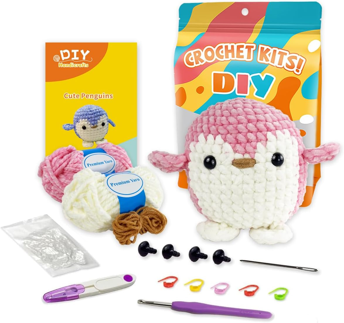 Crochet Kit for Beginners Adults - Knitting Kit with Step-By-Step Video Tutorial - Perfect for New Craft Lovers - Creative DIY Handicraft Gift for Kids Women Men - Pink Penguin