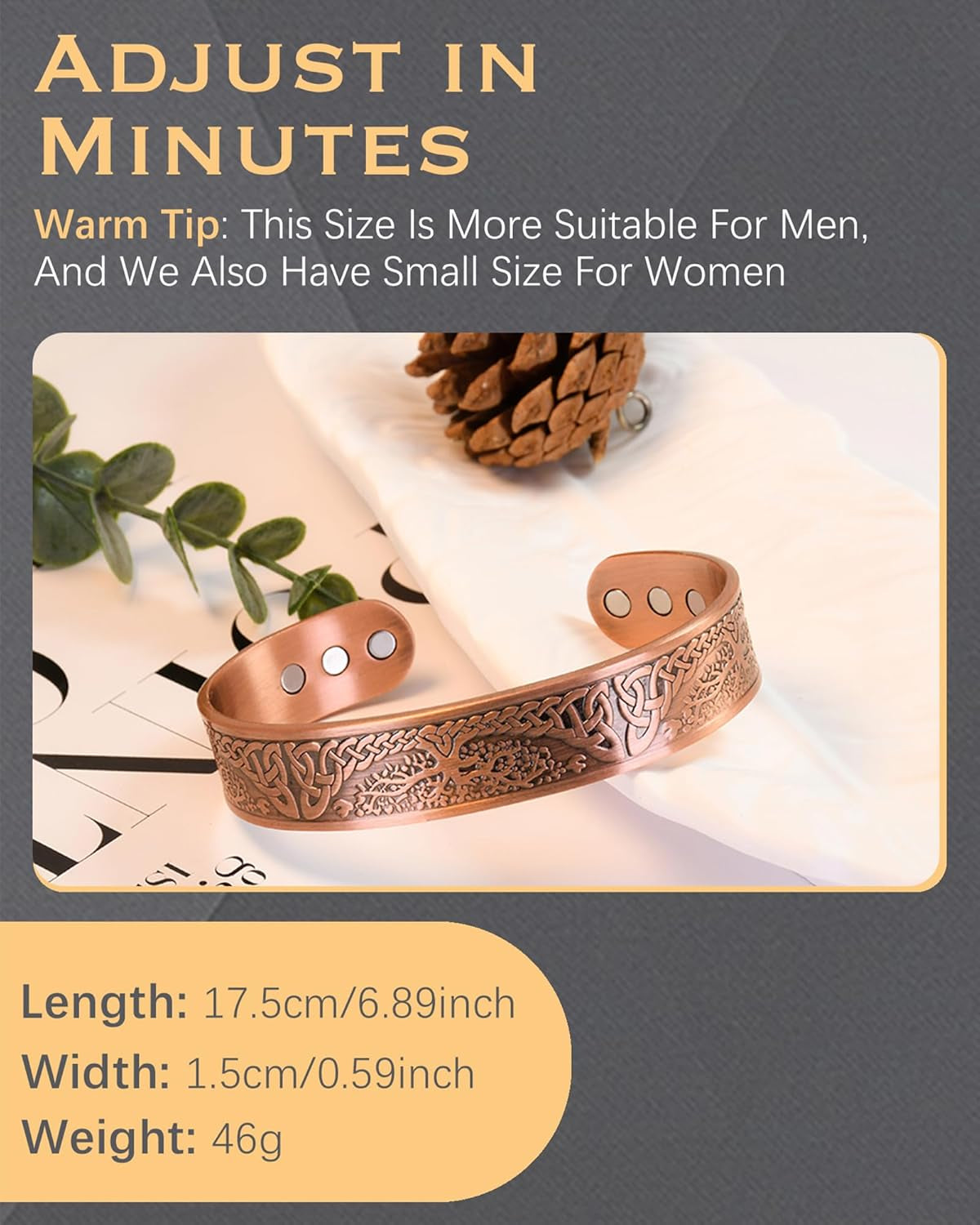 Copper Magnetic Bracelet for Men Women,Tree of Life 100% Solid Copper Cuff Bangle with 6 3500 Guass Magnets,Adjustable Size Brazaletes with Jewellry Gift Box