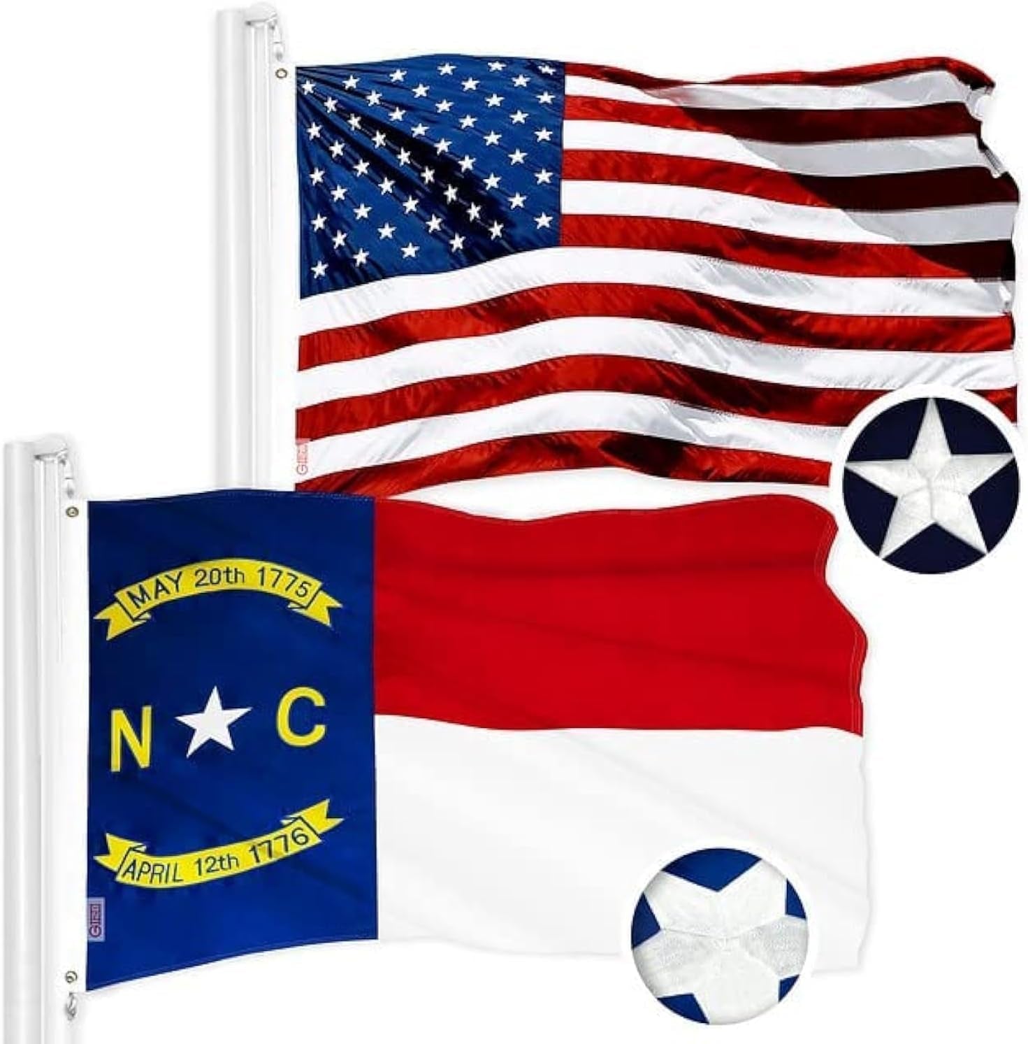 Combo Pack: USA American Flag 3X5 Ft Embroidered Stars & North Carolina State Flag 3X5 Ft Embroidered