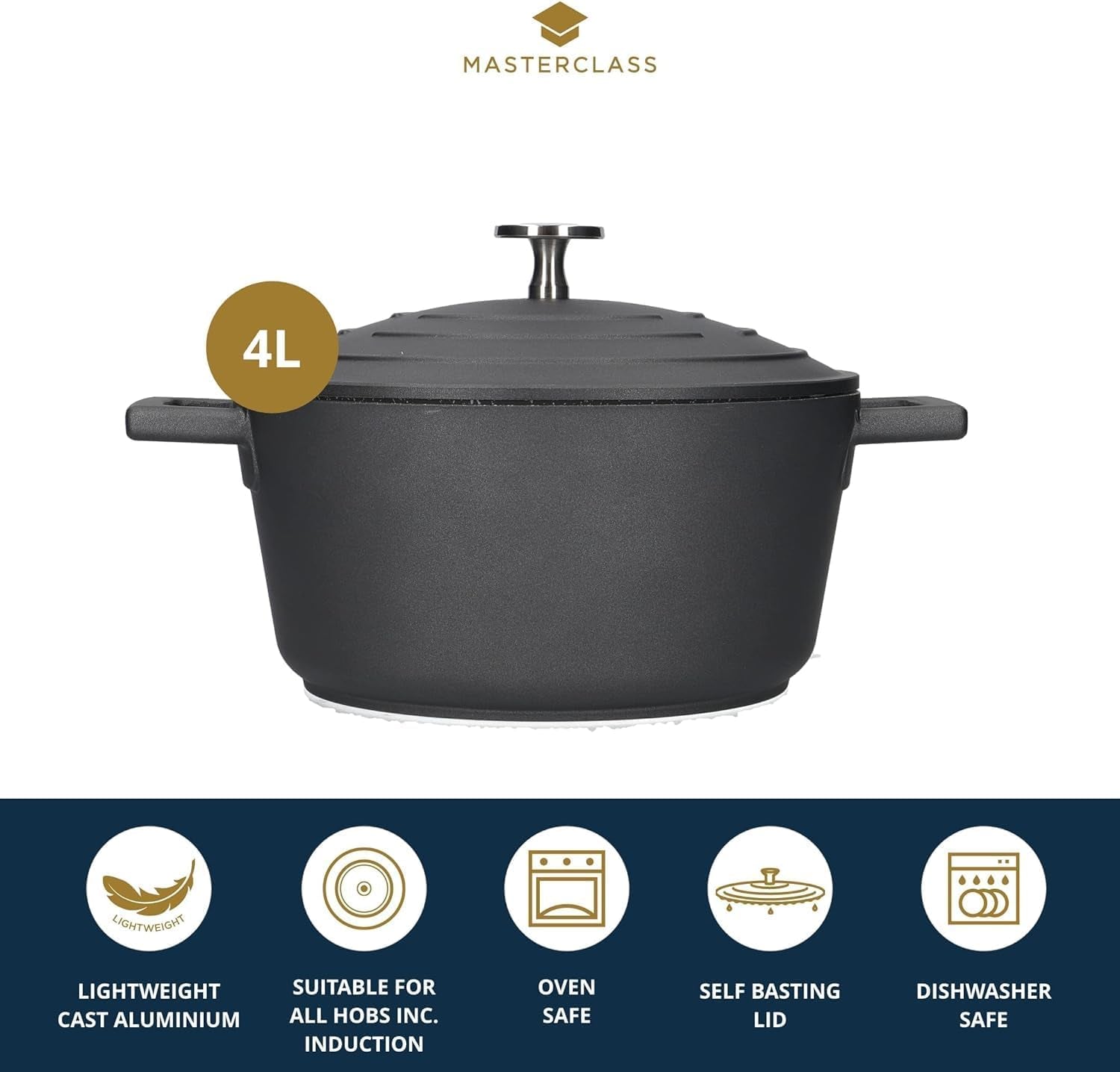 Casserole Dish with Lid, Medium 4L/24 Cm, Lightweight Cast Aluminium, Induction Hob and Oven Safe, Black