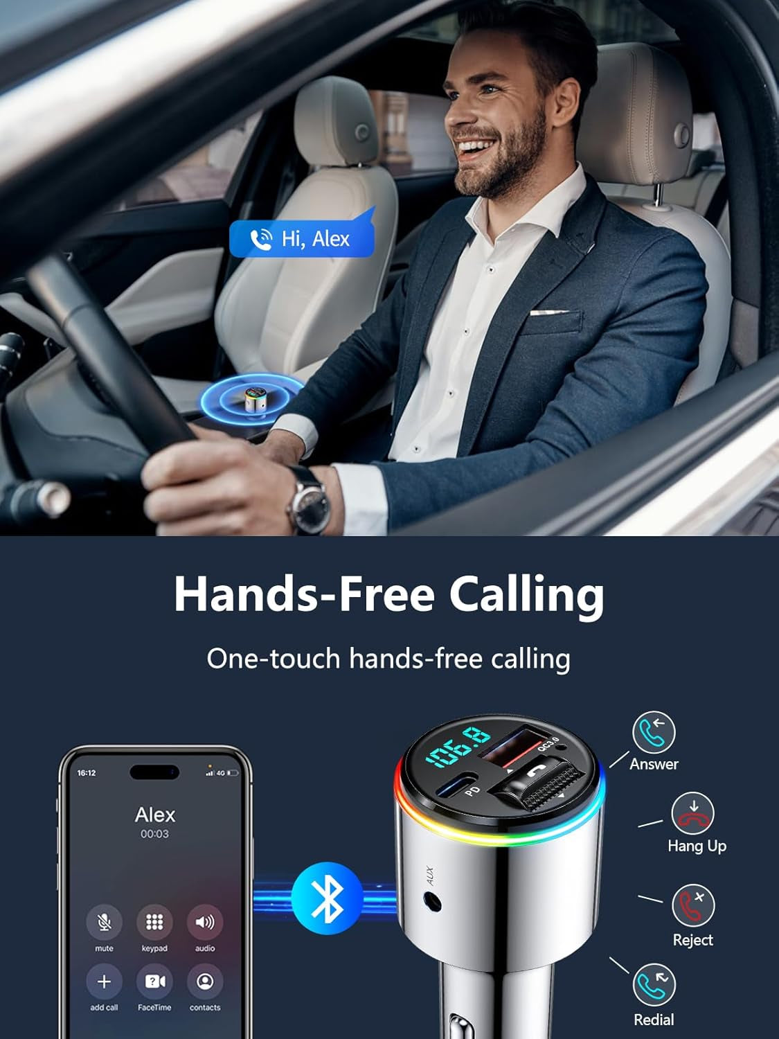 Bluetooth 5.3 FM Transmitter for Car, 【All-Metal】 Dual-Purpose Bluetooth Car Adapter with Aux Port, 【QC3.0 18W & PD 30W】 Car Radio Receiver for Hands-Free Call, Dual 7-Color Backlit