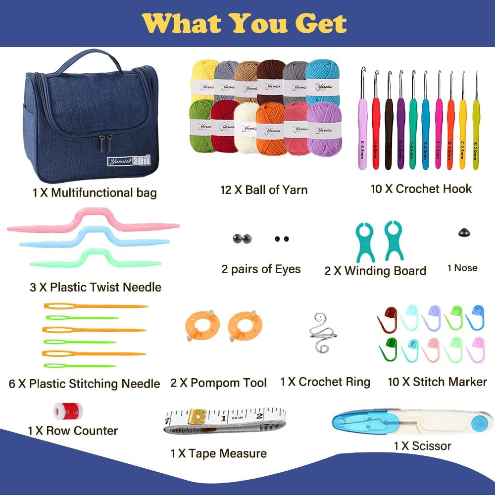 Crochet Kits for Beginners Adults, All in One Crochet Crochet Starter Kit with 840 Yards Crochet Yarn, 10 Size Ergonomic Crochet Hooks 2.0Mm~6.5Mm