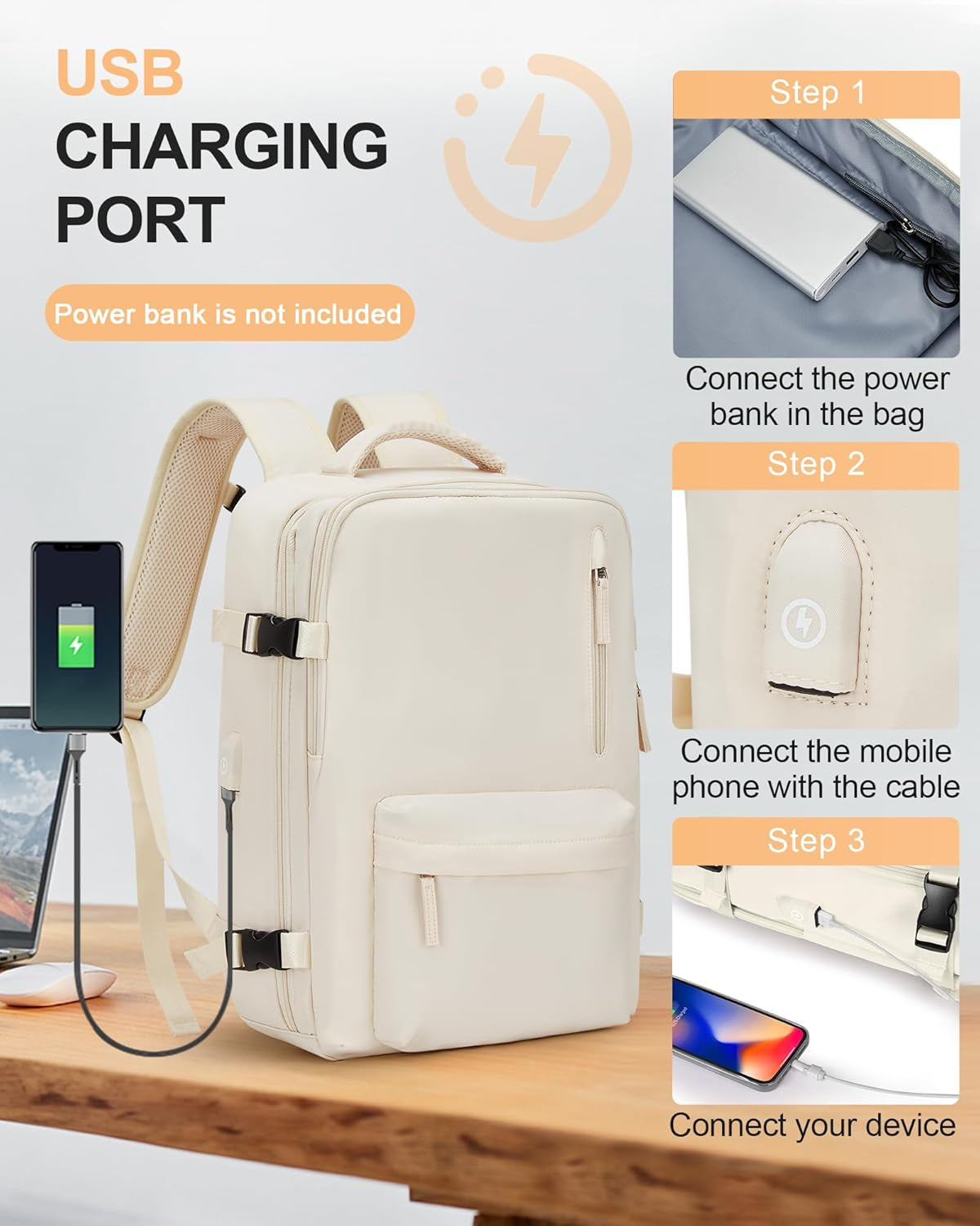 Carry on Travel Laptop Backpack for Women Men, Flight Approved,Backpack, Hiking Outdoor Sports Rucksack Casual Daypack Bag Backpack, Beige Simple