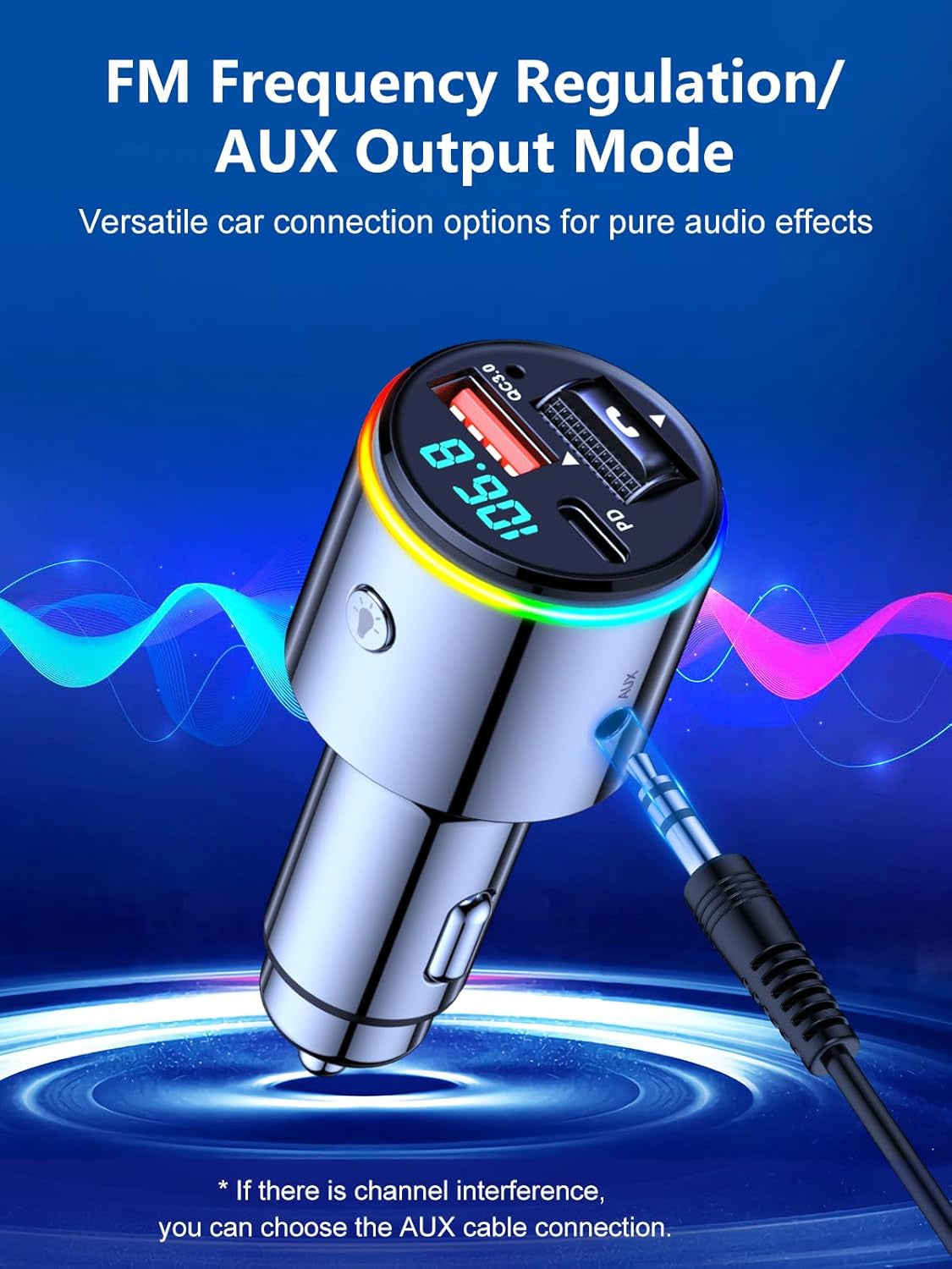 Bluetooth 5.3 FM Transmitter for Car, 【All-Metal】 Dual-Purpose Bluetooth Car Adapter with Aux Port, 【QC3.0 18W & PD 30W】 Car Radio Receiver for Hands-Free Call, Dual 7-Color Backlit