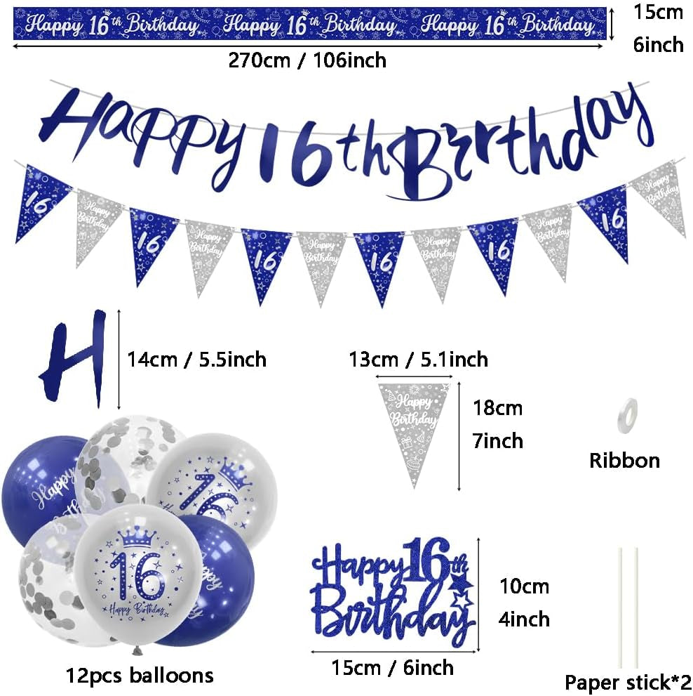 Boys 16Th Birthday Decorations Blue Silver 16Th Birthday Party Decorations 16 Pack Navy Silver Boy Happy 16Th Birthday Banner Bunting Kit by