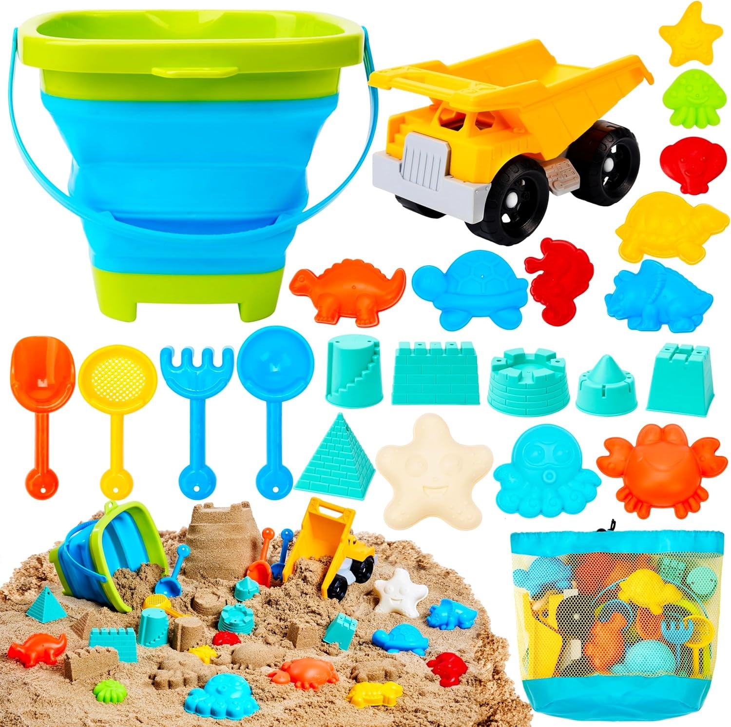 Beach Sand Toys Set - Dump Truck Car Toy with Sand Molds for Toddlers Outdoor Play, Collapsible Foldable Buckets Mesh Bag Shovels Castle Animal Mold Sets, Kids Ages Sandbox Toys (Animals)