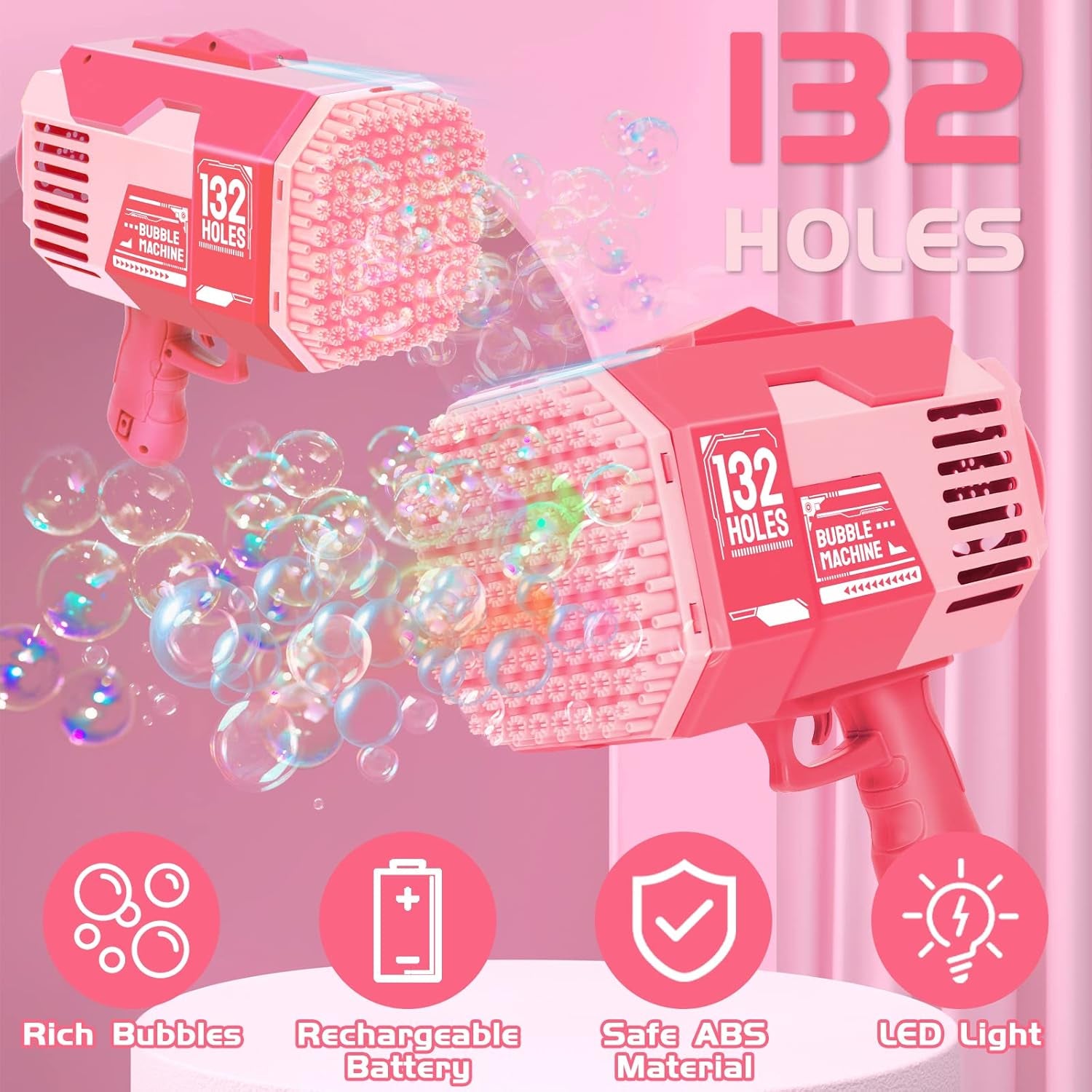 Bazooka Bubble Gun, 132 Holes Bubble Machine with Extra 10 Concentrated Bubbles Solution, Bubble Kids Toy for Boys Girls, Bubble Blaster for Birthday, Wedding, Outdoor Fun (Pink)