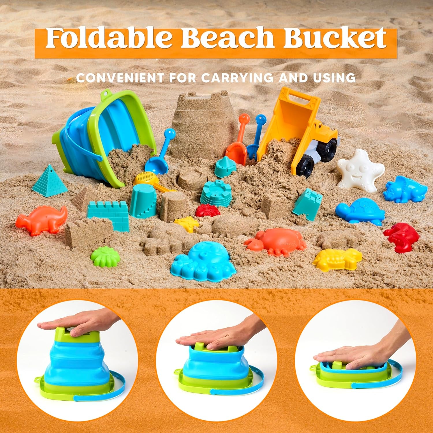 Beach Sand Toys Set - Dump Truck Car Toy with Sand Molds for Toddlers Outdoor Play, Collapsible Foldable Buckets Mesh Bag Shovels Castle Animal Mold Sets, Kids Ages Sandbox Toys (Animals)