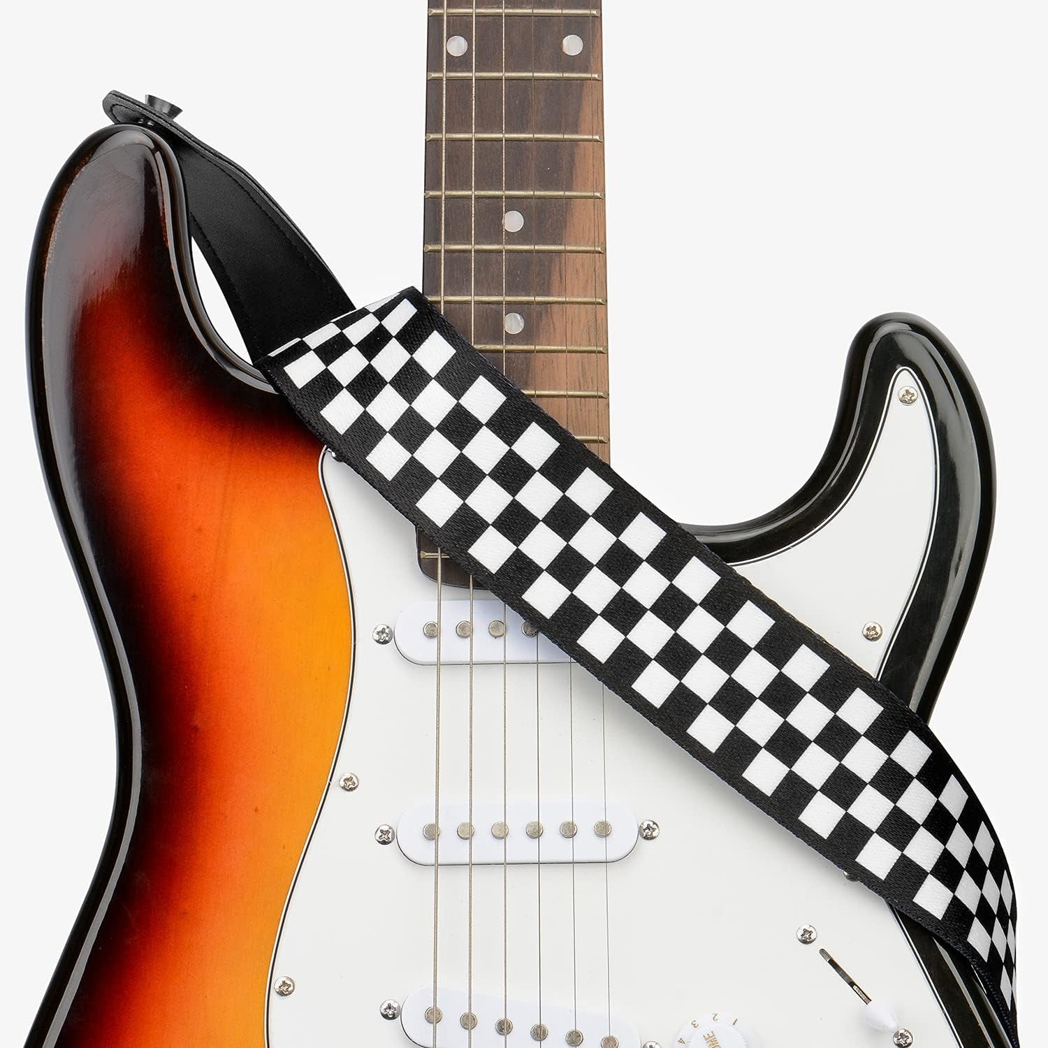 Checkerboard Guitar Strap & Leather Ends Guitar Shoulder Strap, Suitable for Bass, Electric & Acoustic Guitars (Black and White Checkered)