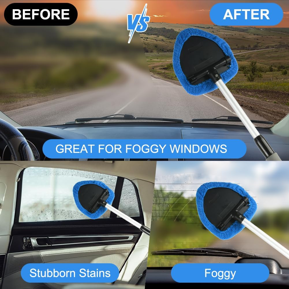 Car Window Cleaner Kit, Multifunctional Expandable Windscreen Cleaner, Car Windscreen Cleaner with 5 Reusable Microfiber Pads, 1 Spray Bottles,180° Swivel Head, Ideal for All Vehicles(Triangle)
