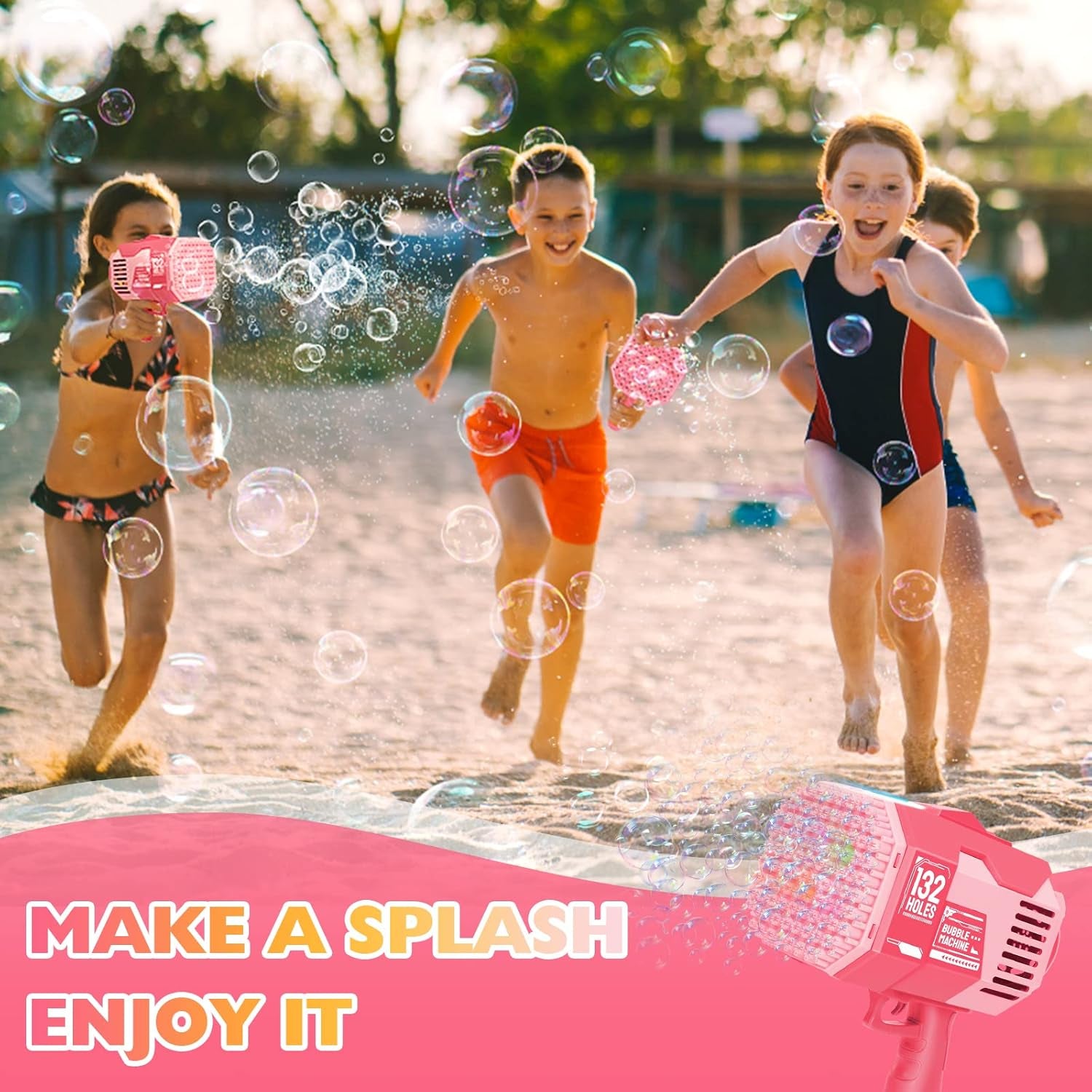 Bazooka Bubble Gun, 132 Holes Bubble Machine with Extra 10 Concentrated Bubbles Solution, Bubble Kids Toy for Boys Girls, Bubble Blaster for Birthday, Wedding, Outdoor Fun (Pink)