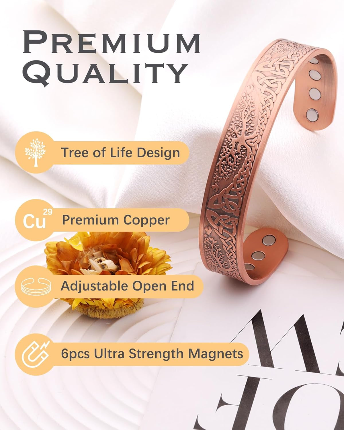 Copper Magnetic Bracelet for Men Women,Tree of Life 100% Solid Copper Cuff Bangle with 6 3500 Guass Magnets,Adjustable Size Brazaletes with Jewellry Gift Box
