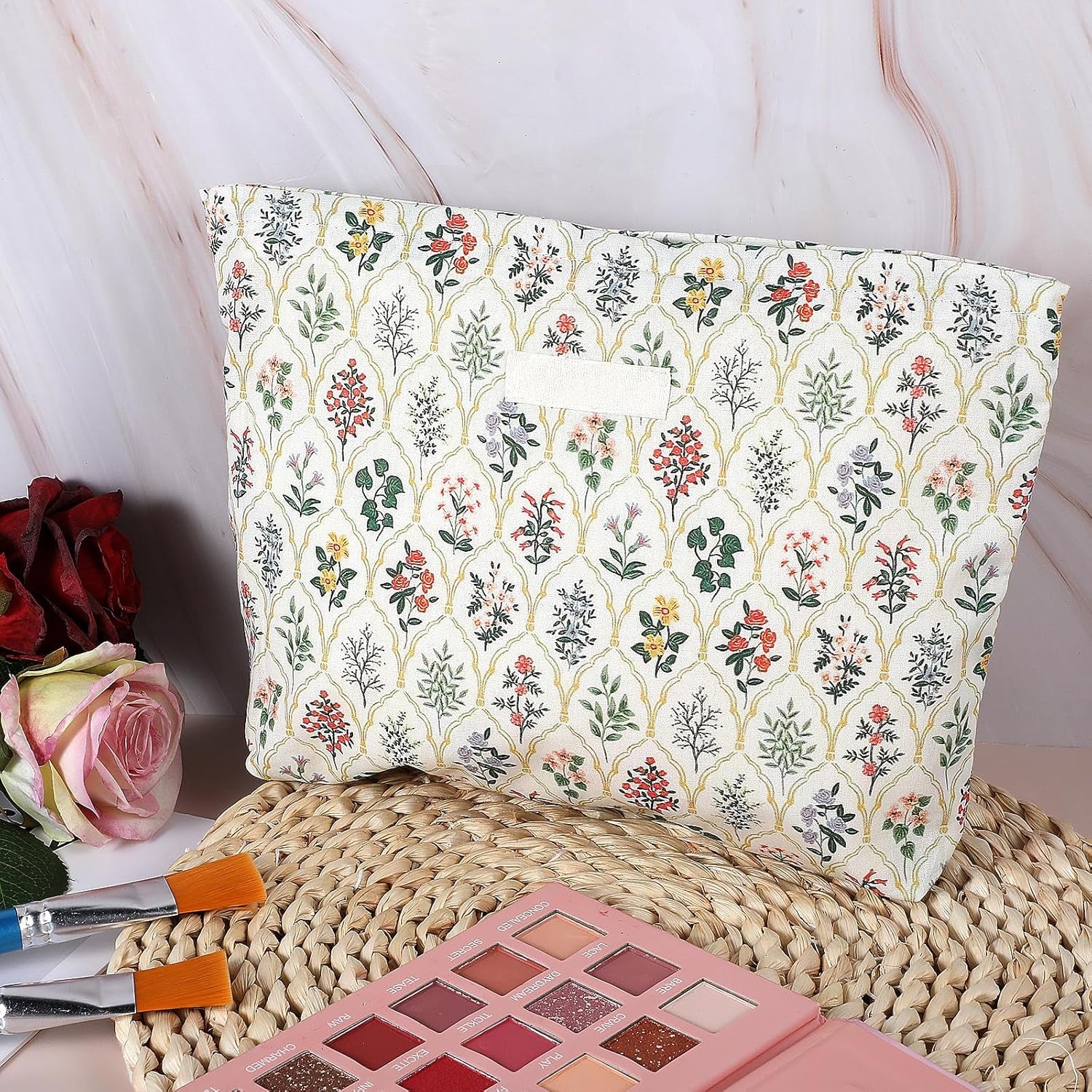 Cosmetic Bag Makeup Bag Large Capacity Elegant Bow Preppy Aesthetic Design Canvas Zipper Organizer Pouch Cute Roomy Pink Portable Toiletry Bag for Women Girl (Green (Diamond Pattern))