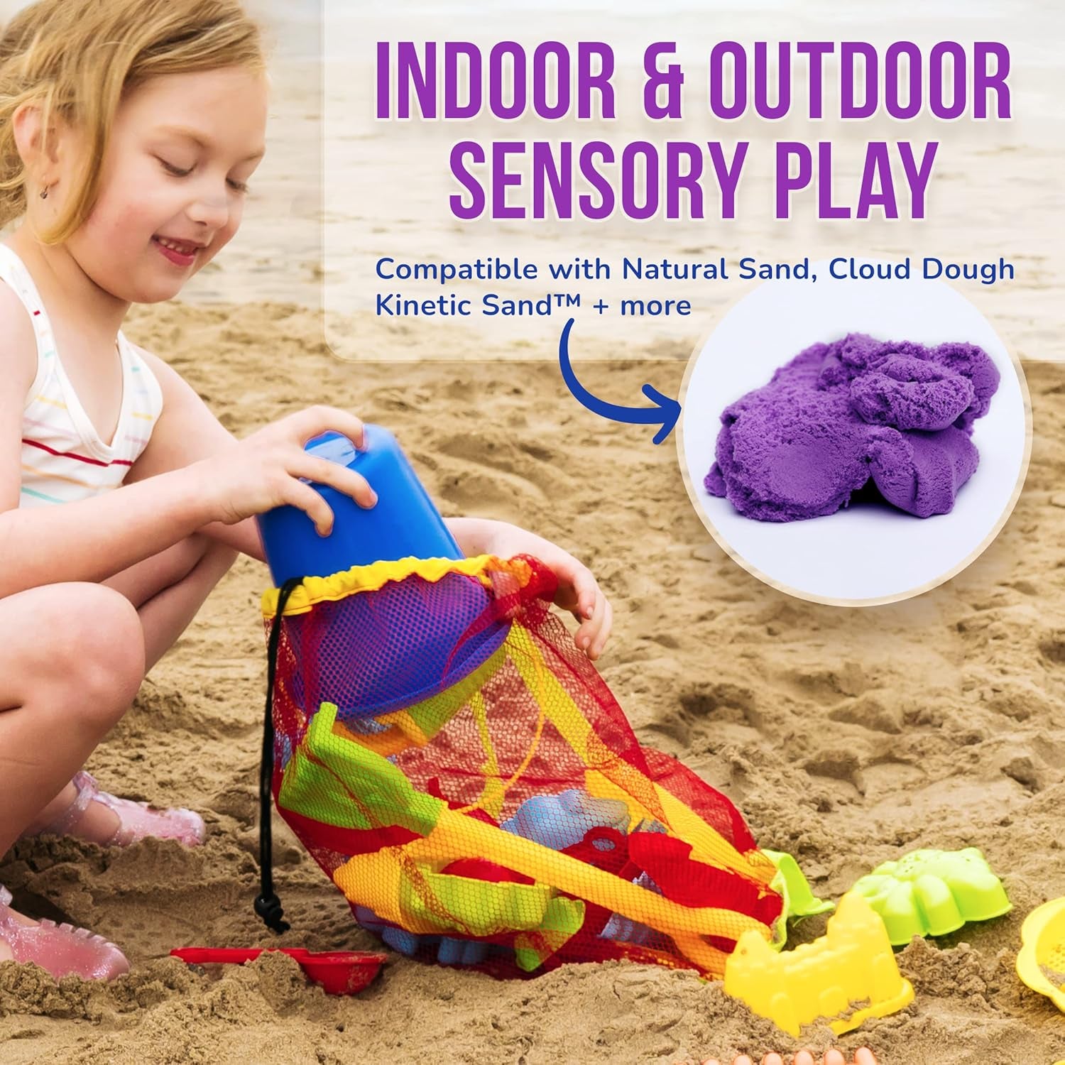 Beach Toys for Kids 3-10 - 18Pc Sand Toys Including Sand Buckets for Kids with Sifter, Watering Can, Rake, 4 Hand Tools, 10 Sand Molds & Mesh Beach Toy Bag - Sandbox Toys for Toddlers