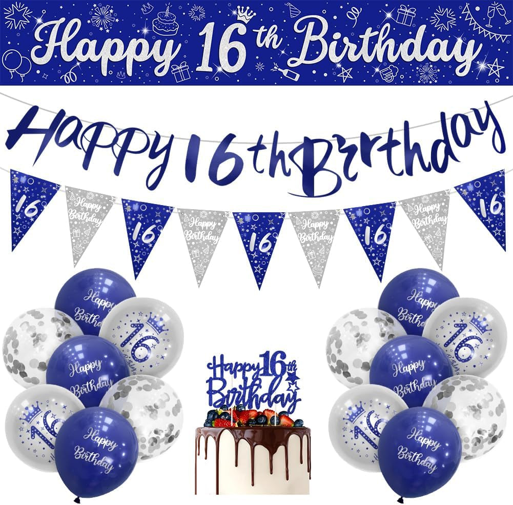 Boys 16Th Birthday Decorations Blue Silver 16Th Birthday Party Decorations 16 Pack Navy Silver Boy Happy 16Th Birthday Banner Bunting Kit by