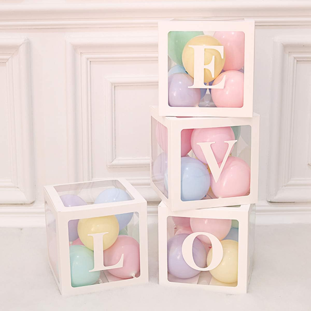 Baby Shower Decoration Balloon Boxes – 4Pcs DIY White Transparent Boxes with 30 Letters BABY + A-Z for Boys Girls Baby Shower,Diy Name Combination,Gender Reveal Backdrop Birthday Party Supplies