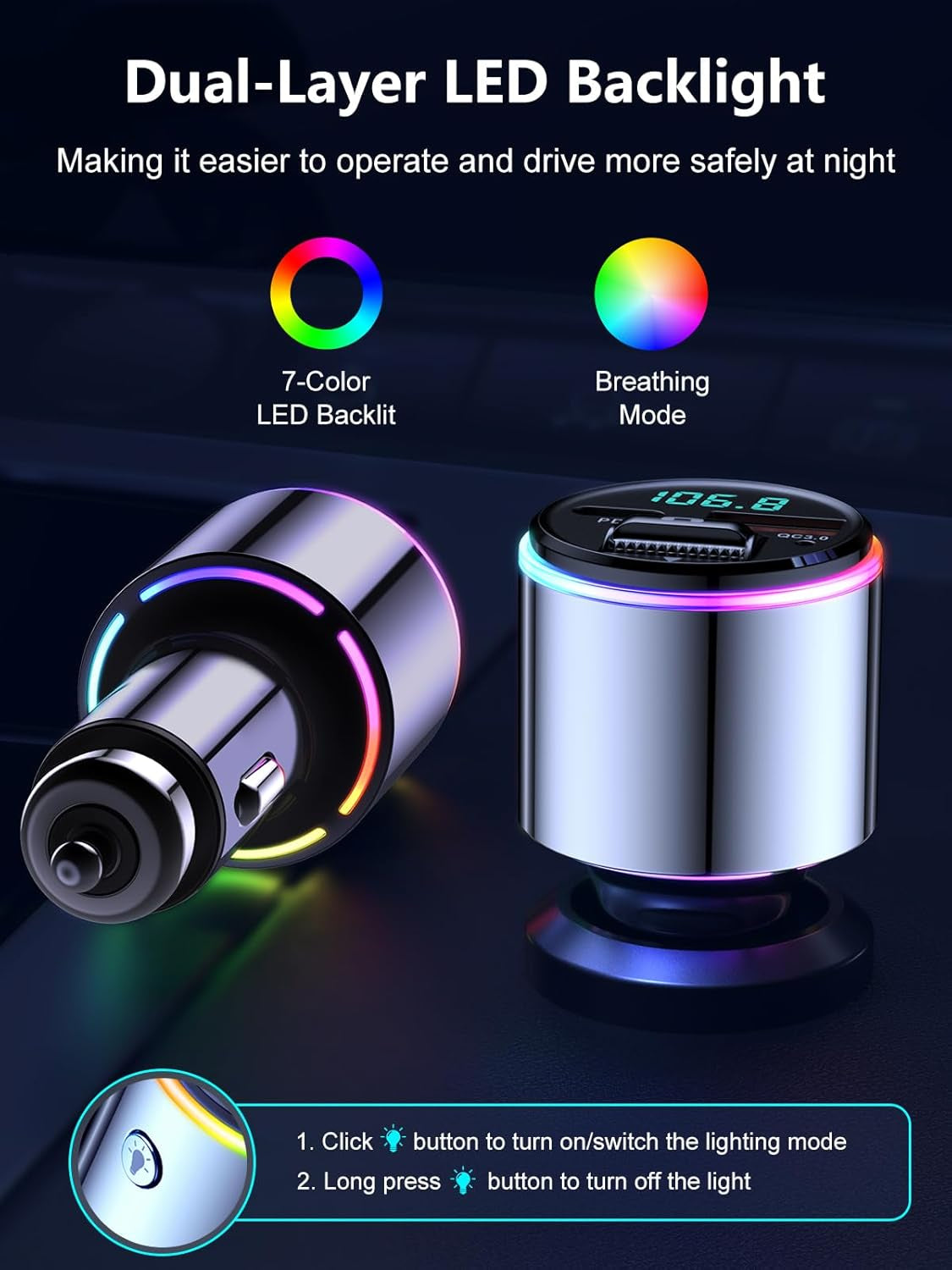 Bluetooth 5.3 FM Transmitter for Car, 【All-Metal】 Dual-Purpose Bluetooth Car Adapter with Aux Port, 【QC3.0 18W & PD 30W】 Car Radio Receiver for Hands-Free Call, Dual 7-Color Backlit