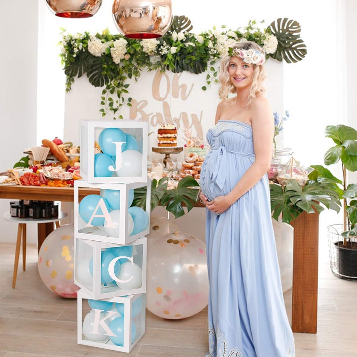 Baby Shower Decoration Balloon Boxes – 4Pcs DIY White Transparent Boxes with 30 Letters BABY + A-Z for Boys Girls Baby Shower,Diy Name Combination,Gender Reveal Backdrop Birthday Party Supplies