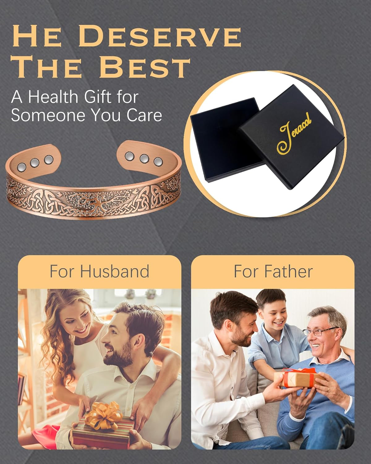 Copper Magnetic Bracelet for Men Women,Tree of Life 100% Solid Copper Cuff Bangle with 6 3500 Guass Magnets,Adjustable Size Brazaletes with Jewellry Gift Box