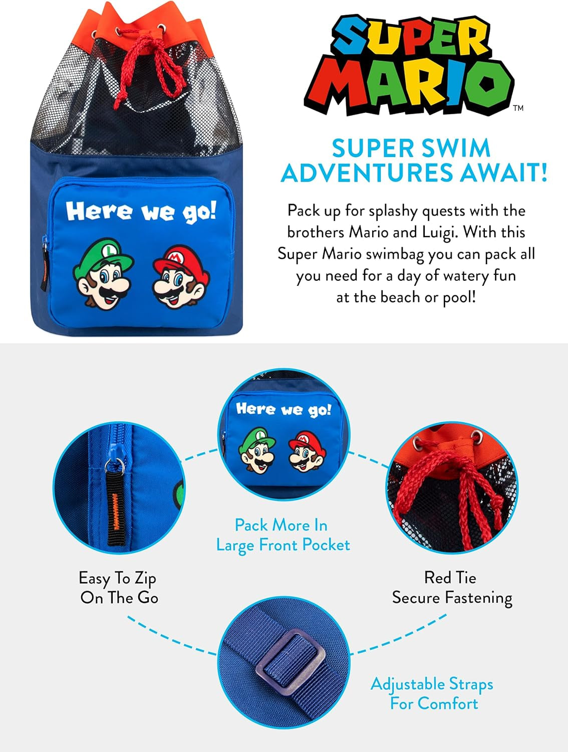 Bag | Mario and Luigi Boys Swim Bag | Kids Beach Bags | Swimming Bags | Blue One Size