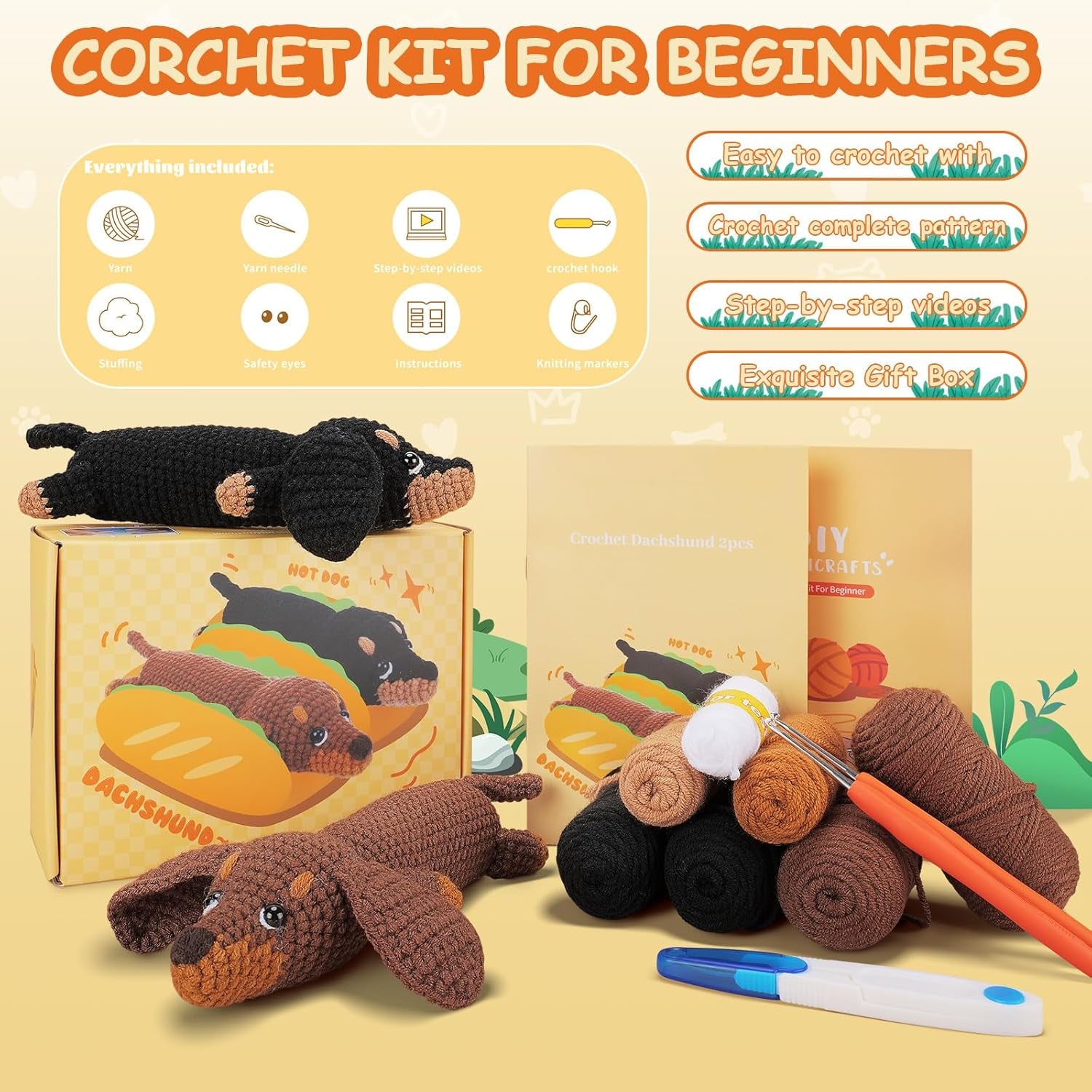 Crochet Kit for Beginners, Crochet Animal Kit Complete Dachshund Dog Crochet with Yarn Hooks Needles, Step-By-Step Video Learn to Crochet Starter Kit Animal Set Beginners Crochet Kit (Crochet Dog)