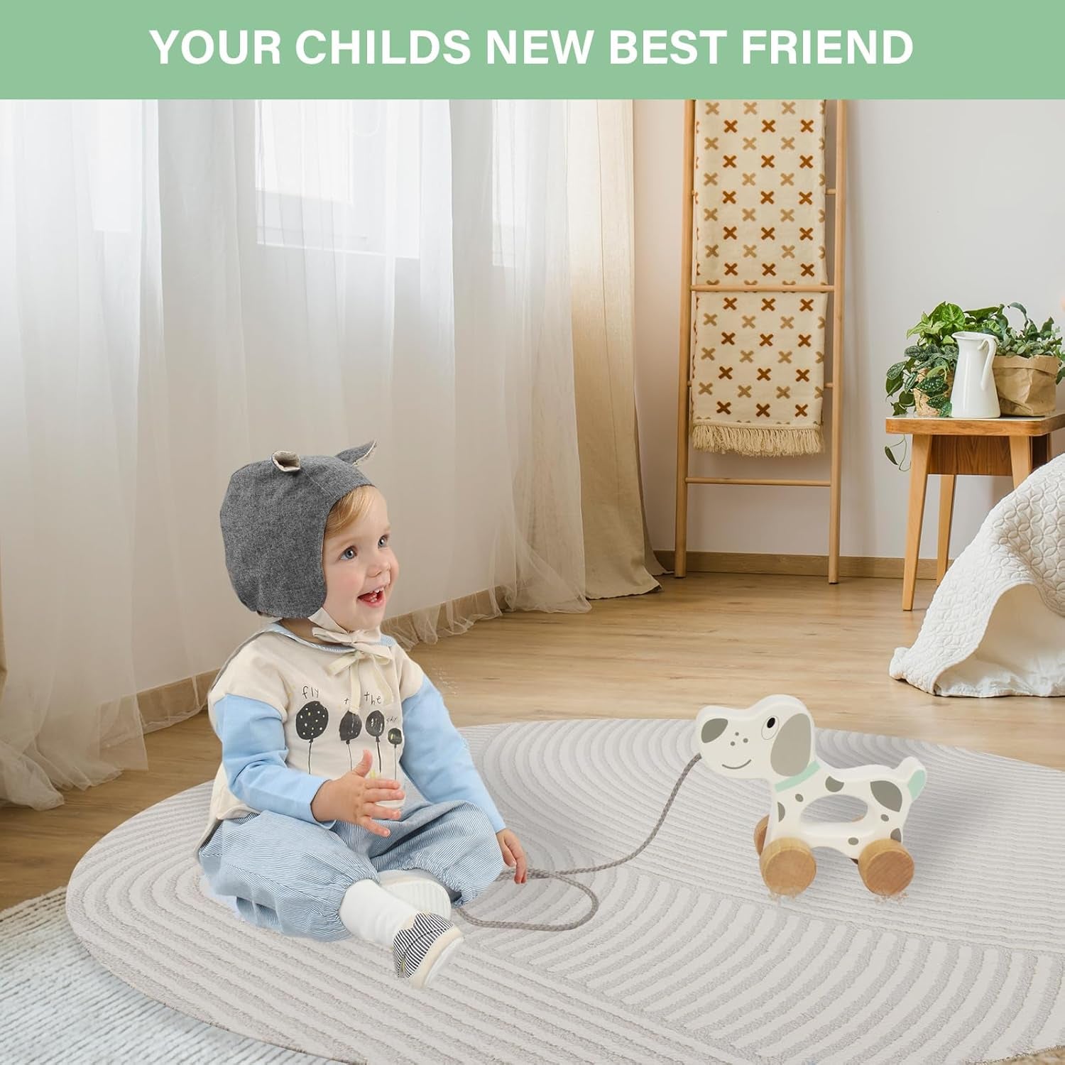 Baby Toys Car,Wooden Pull along Toddler Toy, Developmental Toy for 1 Year Old Girl Boy Birthday Gift (Dog)
