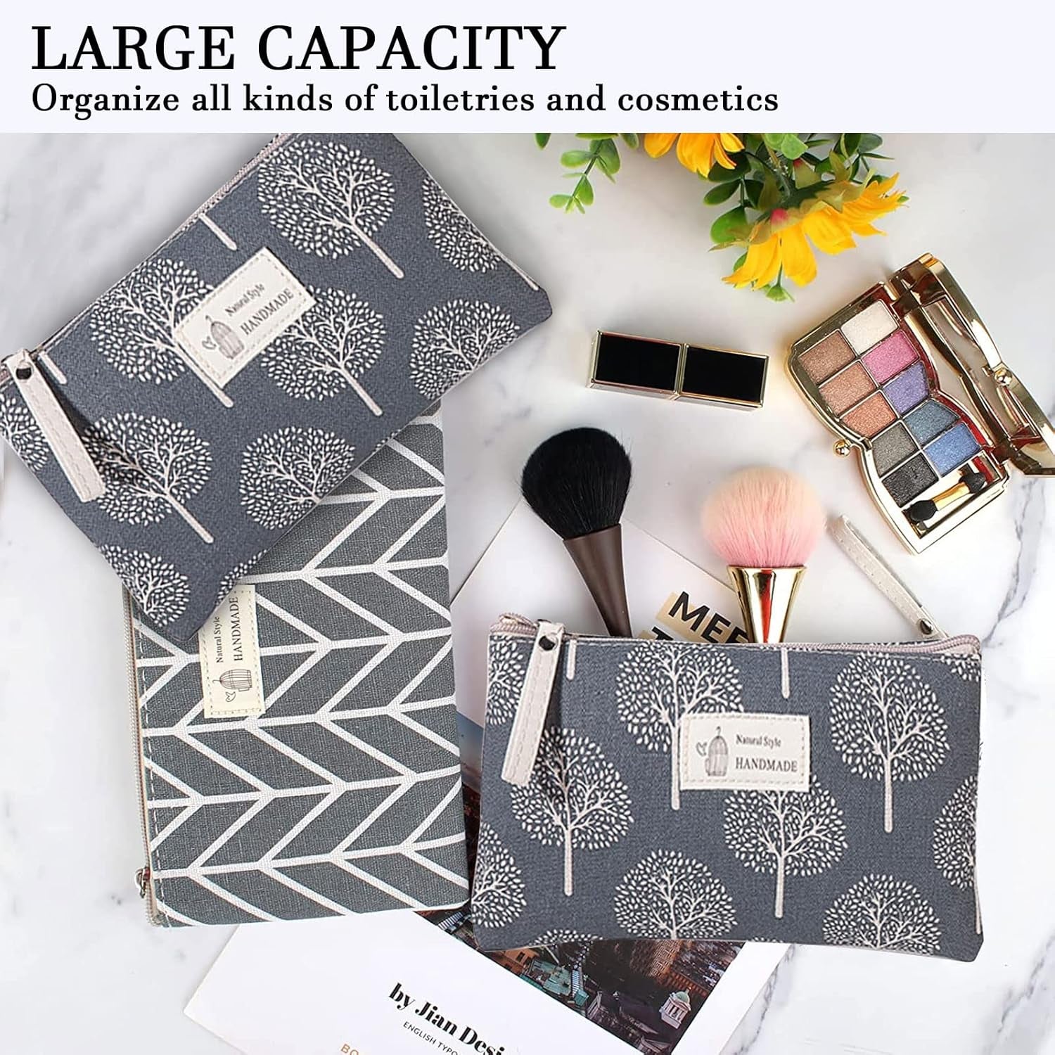 Canvas Cosmetic Bag, 2 PCS Portable Women Purses, Printed Makeup Bag Pouch Multifunctional Travel Toiletry Bag with Zipper for Cosmetics Keys Cards