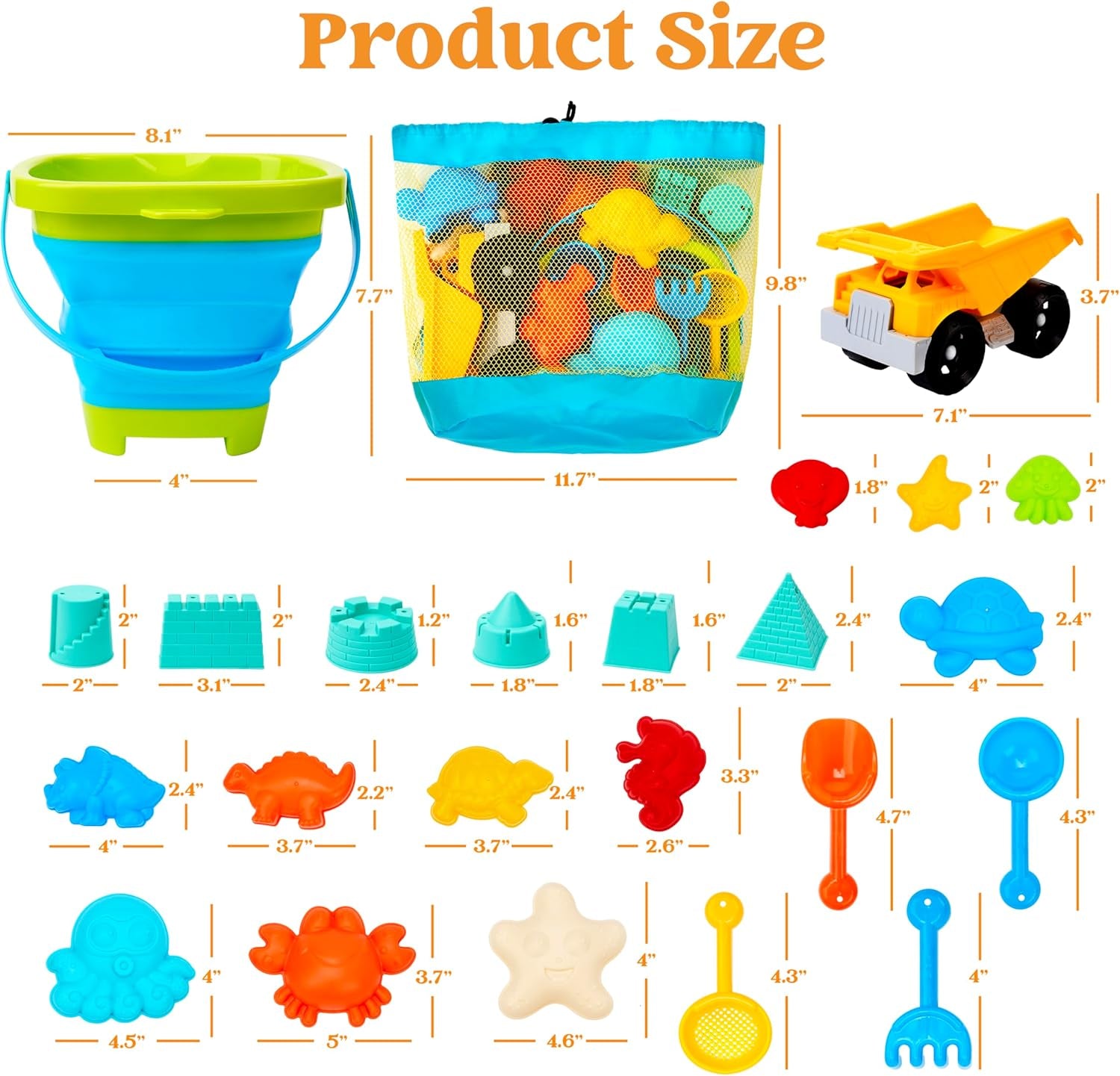 Beach Sand Toys Set - Dump Truck Car Toy with Sand Molds for Toddlers Outdoor Play, Collapsible Foldable Buckets Mesh Bag Shovels Castle Animal Mold Sets, Kids Ages Sandbox Toys (Animals)