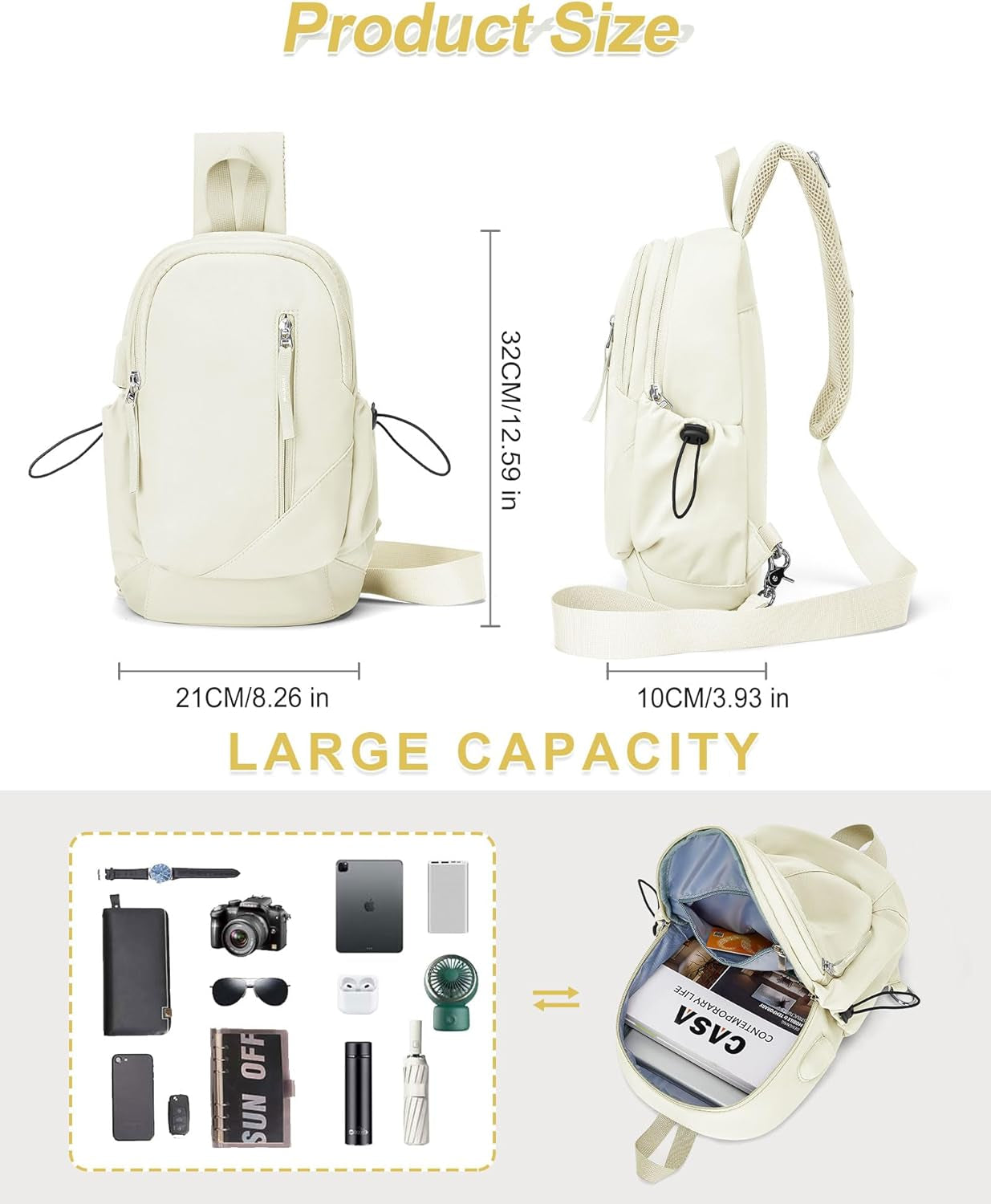 Crossbody Sling Backpacks Sling Bag for Men Women, Shoulder Backpack Chest Bags with USB Charger Port off White