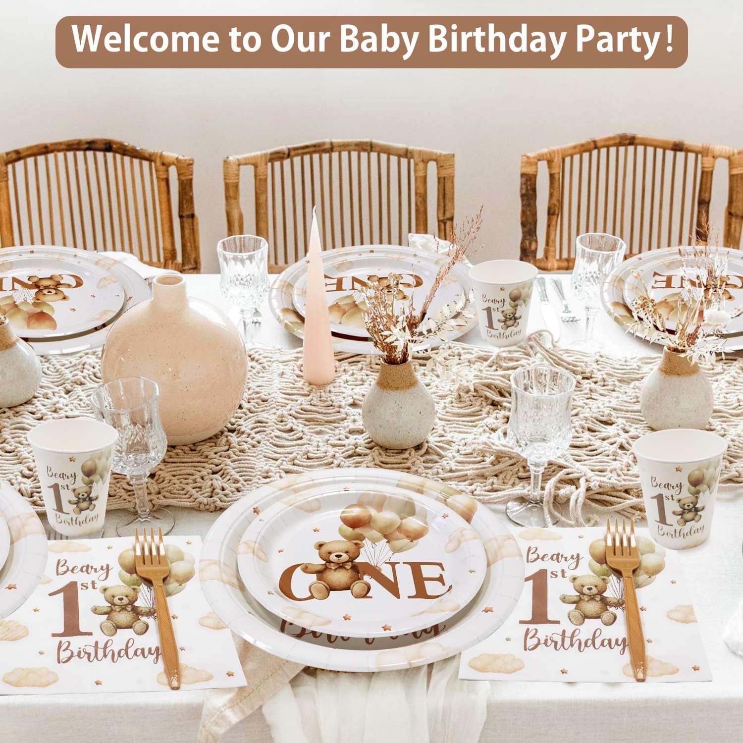 Beary First Birthday Decorations Boy Bear 1St Plates for 25 Guests, 1St Birthday Decorations for Boys 125Pcs Teddy Bear Beige Balloon Party Plates Cups and Napkins Baby One Party Decor