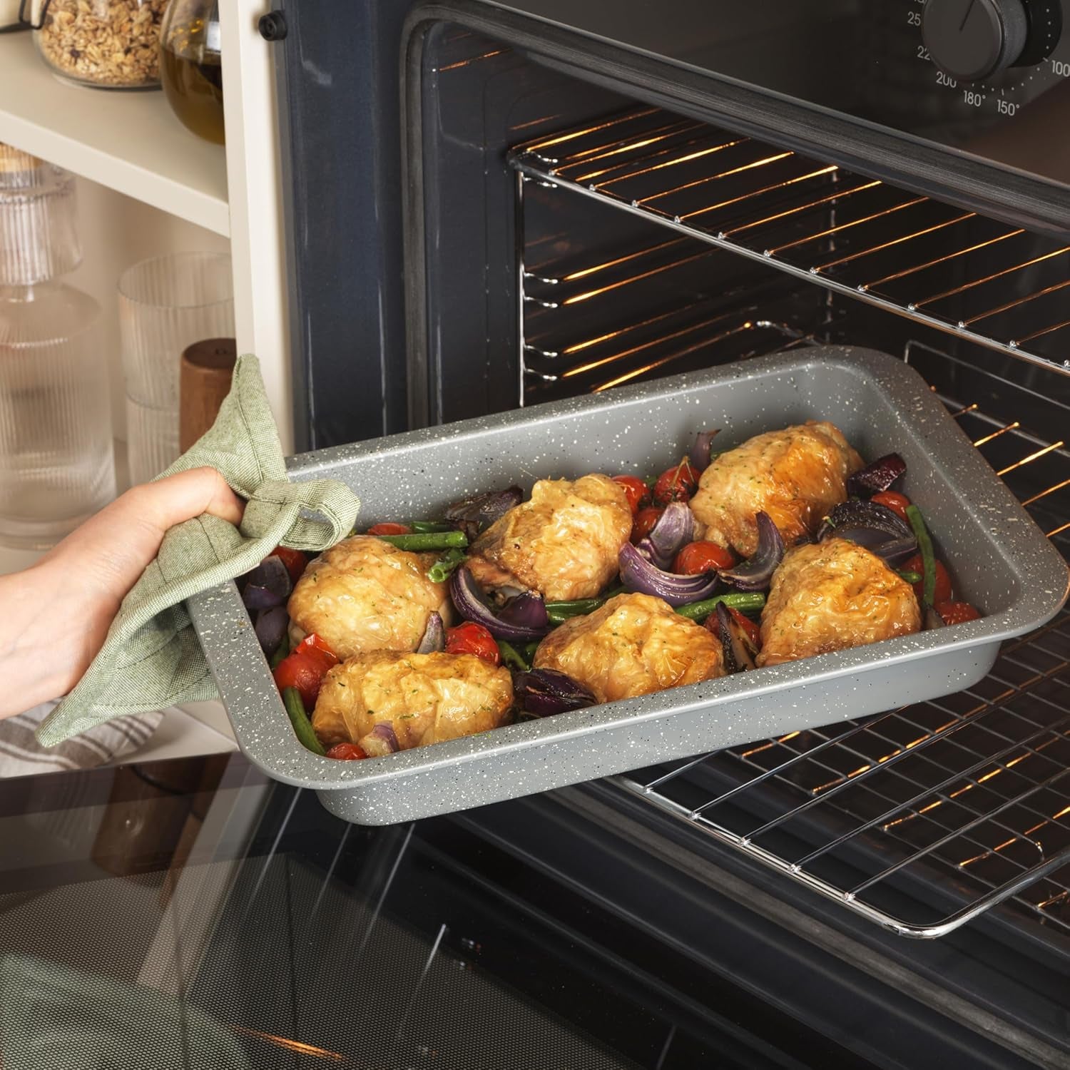 BW02774G Marblestone Roasting Tin – 36Cm Non-Stick Roaster, Lightweight Carbon Steel, Easy Wipe Clean, High Side Rectangular Roasting Tray, Oven Safe to 220°C, PFOA Free, Deep Baking Pan