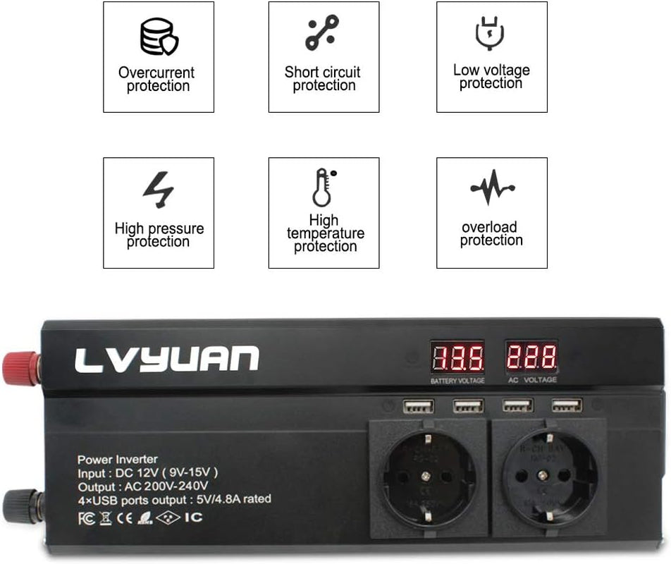 Cantonape Power Inverter 1000W/2000W Peak DC 12V to AC 230V 240V Converter with 4 USB Interfaces 2EU+1 Universal Socket