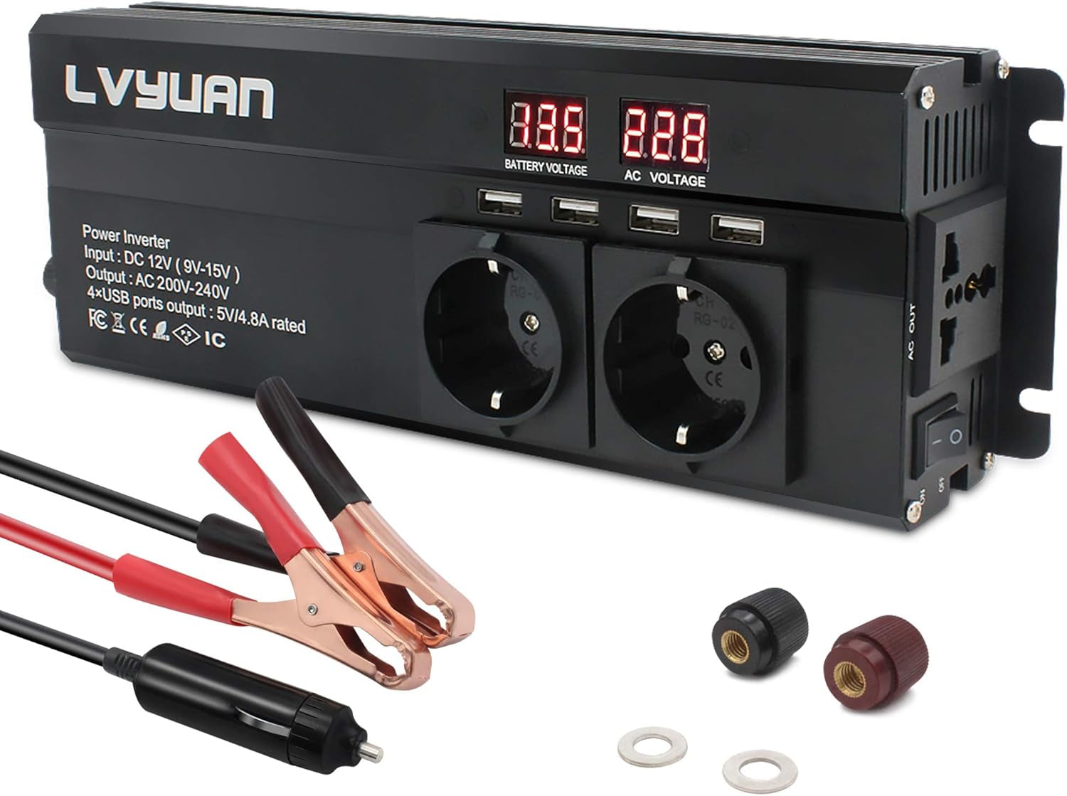 Cantonape Power Inverter 1000W/2000W Peak DC 12V to AC 230V 240V Converter with 4 USB Interfaces 2EU+1 Universal Socket