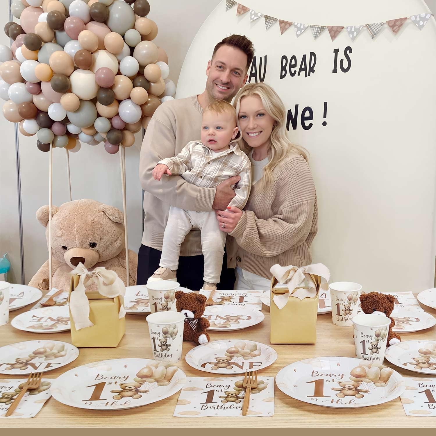 Beary First Birthday Decorations Boy Bear 1St Plates for 25 Guests, 1St Birthday Decorations for Boys 125Pcs Teddy Bear Beige Balloon Party Plates Cups and Napkins Baby One Party Decor