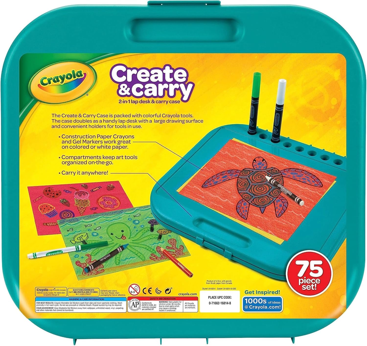 Create 'N Carry Art Set (75Pcs), 2-In-1 Lap Desk & Carrying Case, Art Kit for Kids Crafts, Drawing & Coloring Supplies, Easter Gifts for Kids