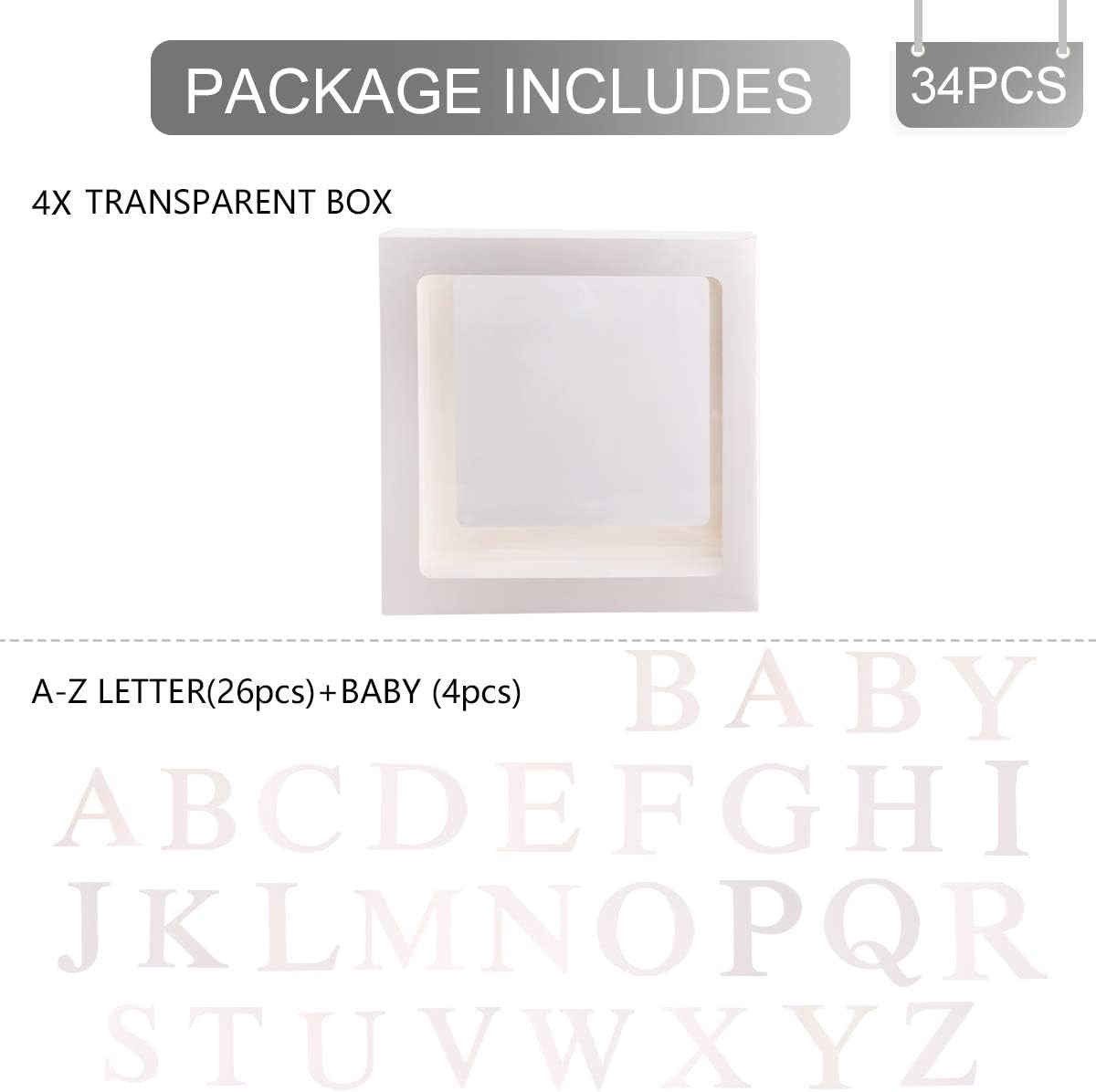 Baby Shower Decoration Balloon Boxes – 4Pcs DIY White Transparent Boxes with 30 Letters BABY + A-Z for Boys Girls Baby Shower,Diy Name Combination,Gender Reveal Backdrop Birthday Party Supplies