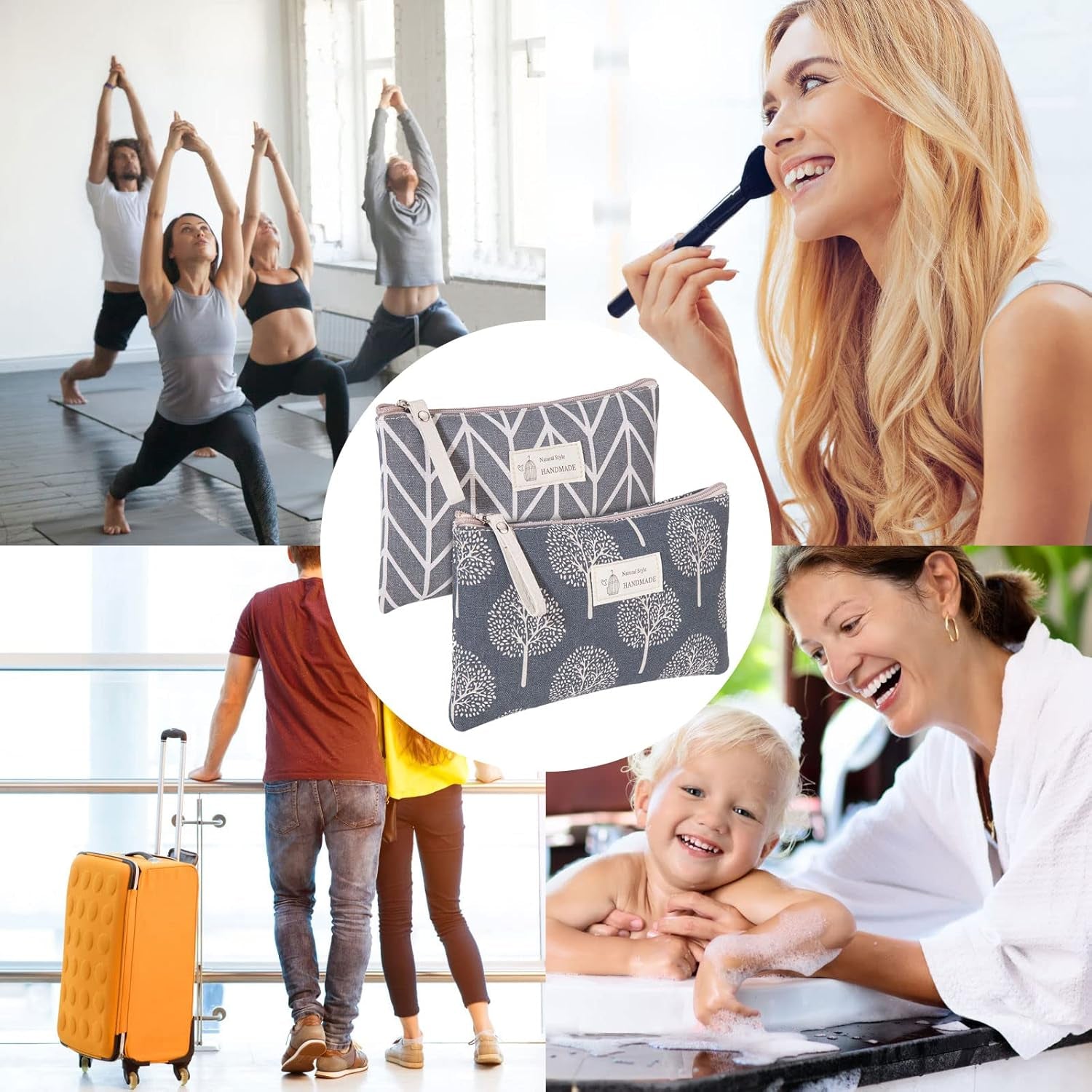 Canvas Cosmetic Bag, 2 PCS Portable Women Purses, Printed Makeup Bag Pouch Multifunctional Travel Toiletry Bag with Zipper for Cosmetics Keys Cards