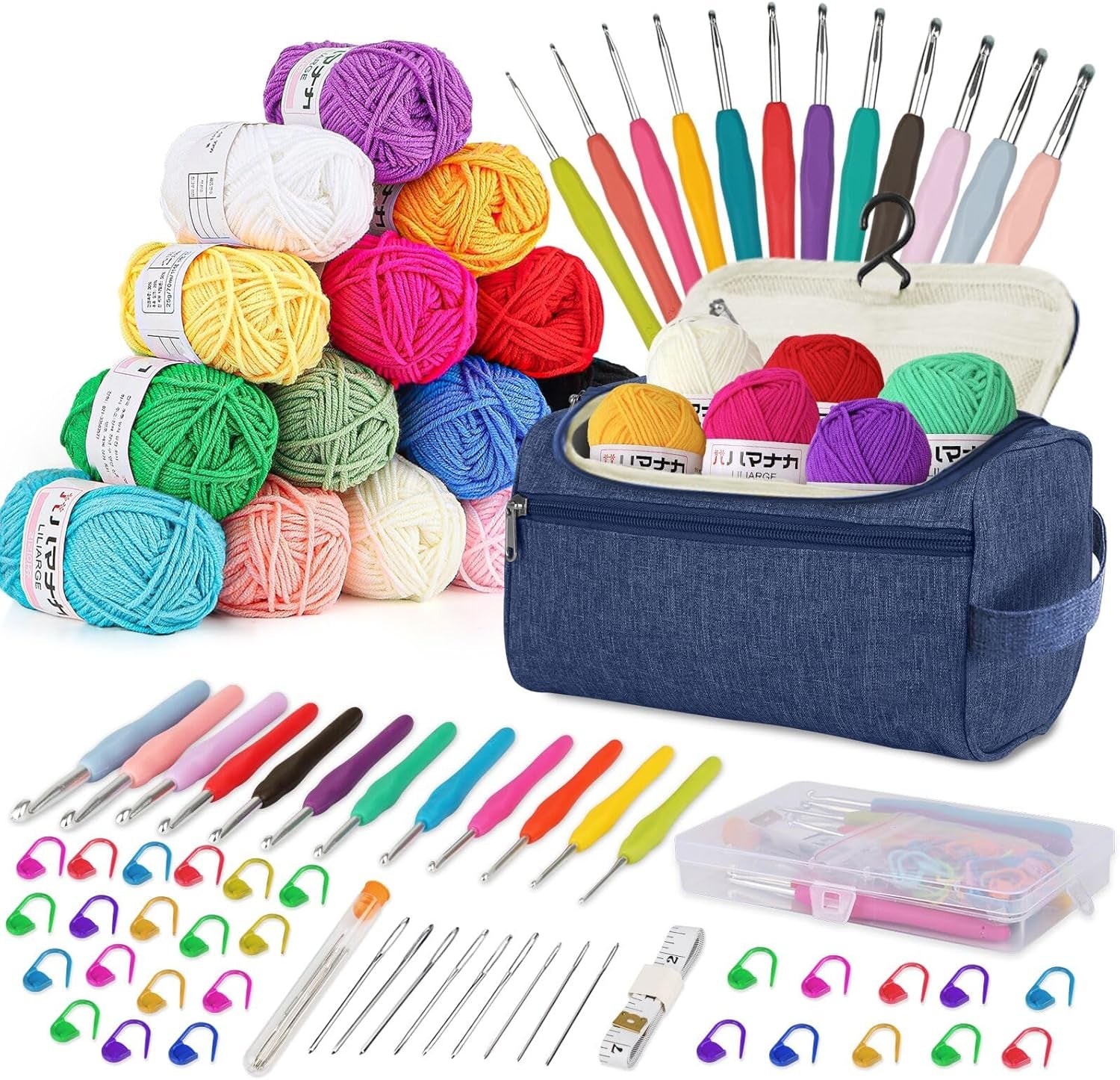 Crochet Kit Crochet Kits for Beginners Adults 15Pcsx25G Crochet Yarns Ergonomic Metal Crochet Hooks 2Mm-8Mm Knitting Accessories Tools Storage Case Needles Crochet Starter Kit-Blue