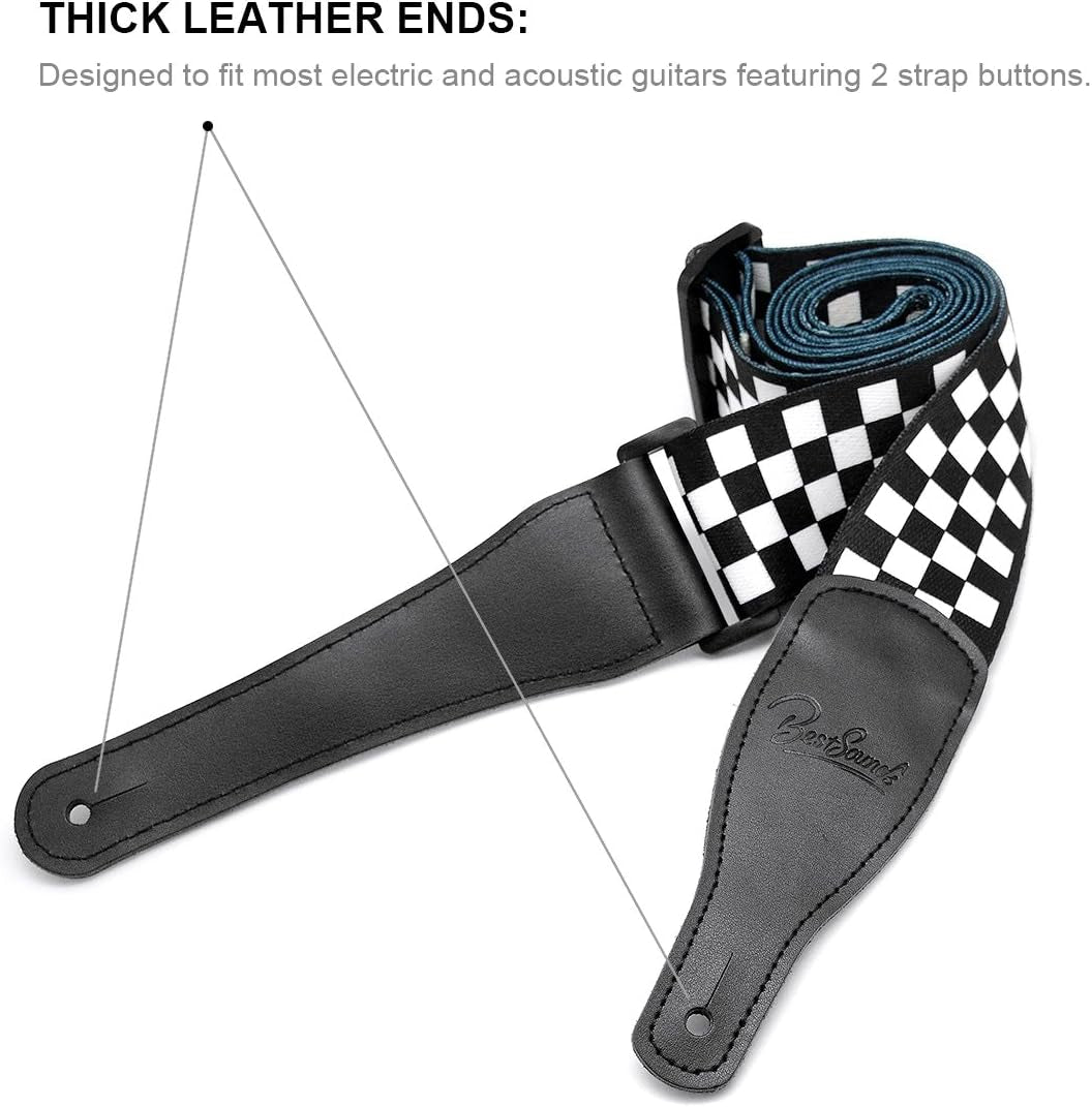 Checkerboard Guitar Strap & Leather Ends Guitar Shoulder Strap, Suitable for Bass, Electric & Acoustic Guitars (Black and White Checkered)