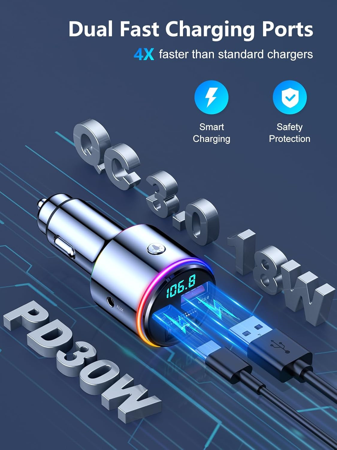 Bluetooth 5.3 FM Transmitter for Car, 【All-Metal】 Dual-Purpose Bluetooth Car Adapter with Aux Port, 【QC3.0 18W & PD 30W】 Car Radio Receiver for Hands-Free Call, Dual 7-Color Backlit