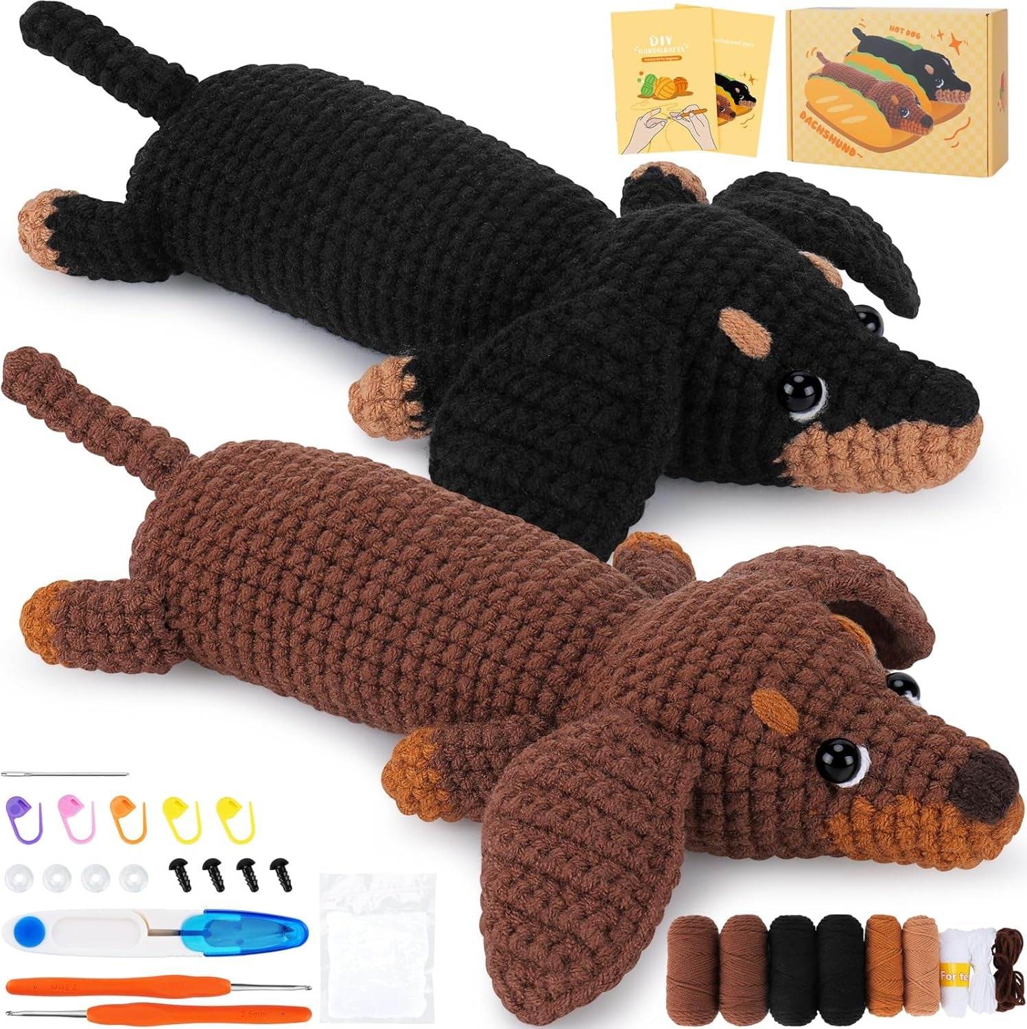 Crochet Kit for Beginners, Crochet Animal Kit Complete Dachshund Dog Crochet with Yarn Hooks Needles, Step-By-Step Video Learn to Crochet Starter Kit Animal Set Beginners Crochet Kit (Crochet Dog)