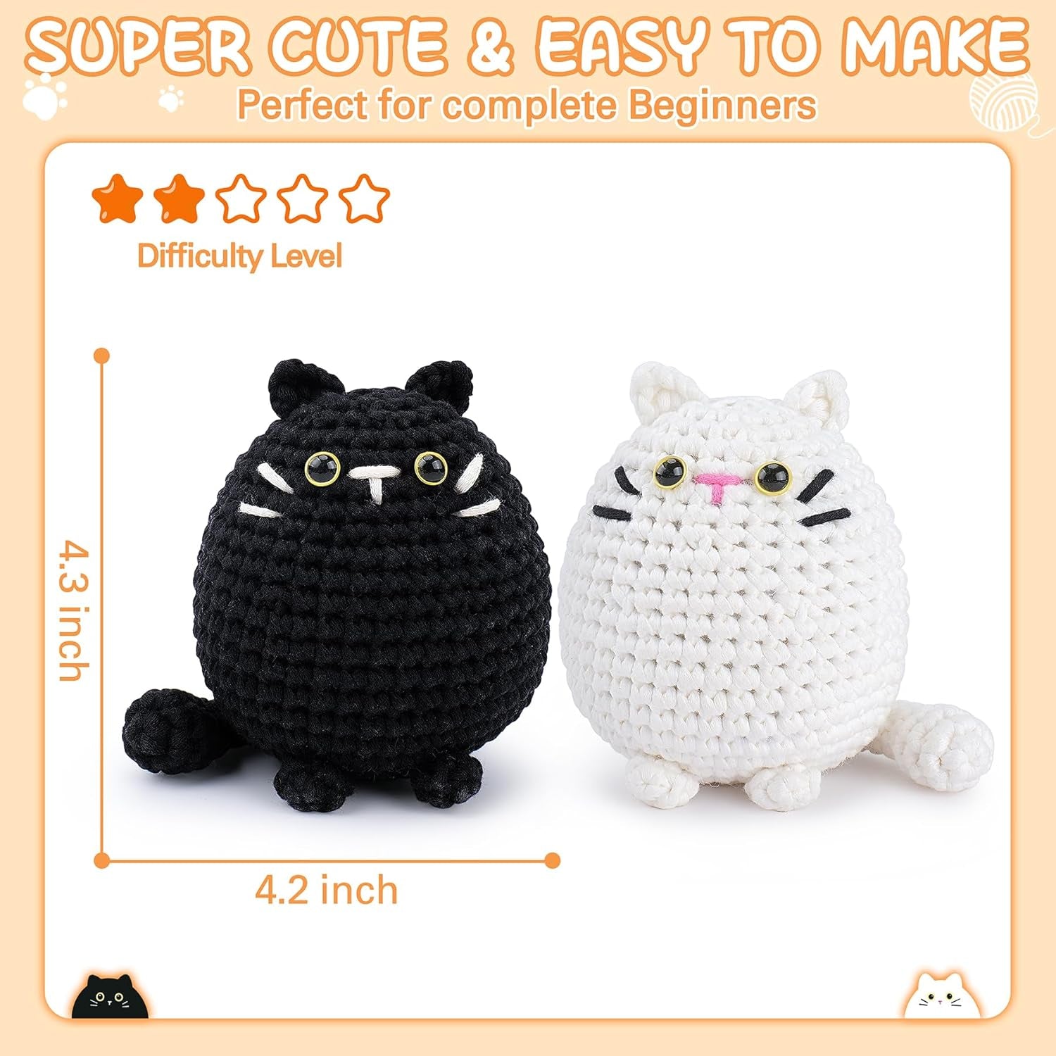 Crochet Kit for Beginners Animal Cat Crochet Kit for Adults Kids, Knitting Kits Complete Crochet Set with Step-By-Step Video Tutorials, 2Pcs Cat Crochet Animal Kit Surprise Gift