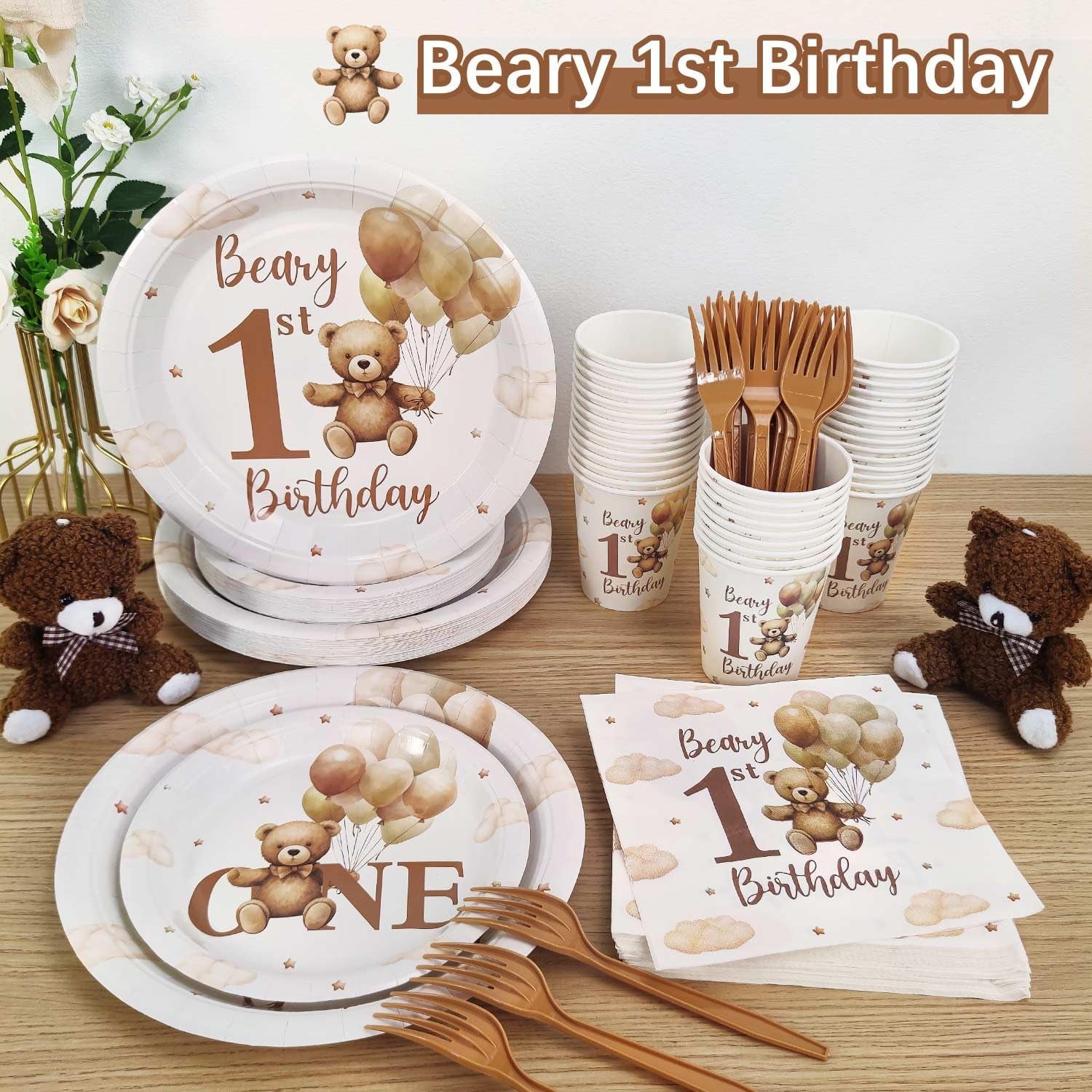Beary First Birthday Decorations Boy Bear 1St Plates for 25 Guests, 1St Birthday Decorations for Boys 125Pcs Teddy Bear Beige Balloon Party Plates Cups and Napkins Baby One Party Decor