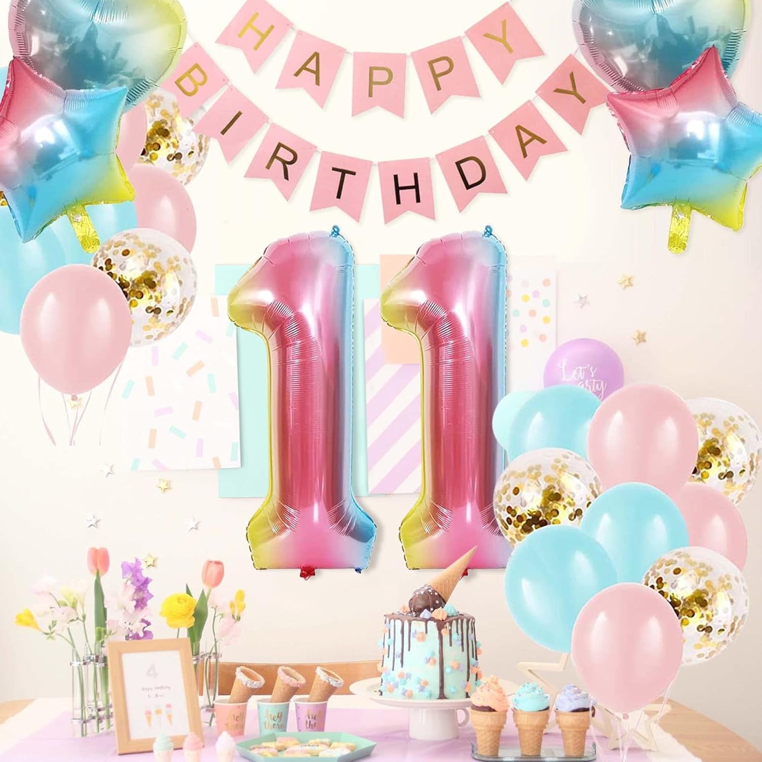 Baby Girl 11Th Birthday Decor Gradient Color Age 11 Balloons with Happy Banner for Showers Eleventh Party Supplies Girls Boys (11St-Birthday), Medium (BL-248)