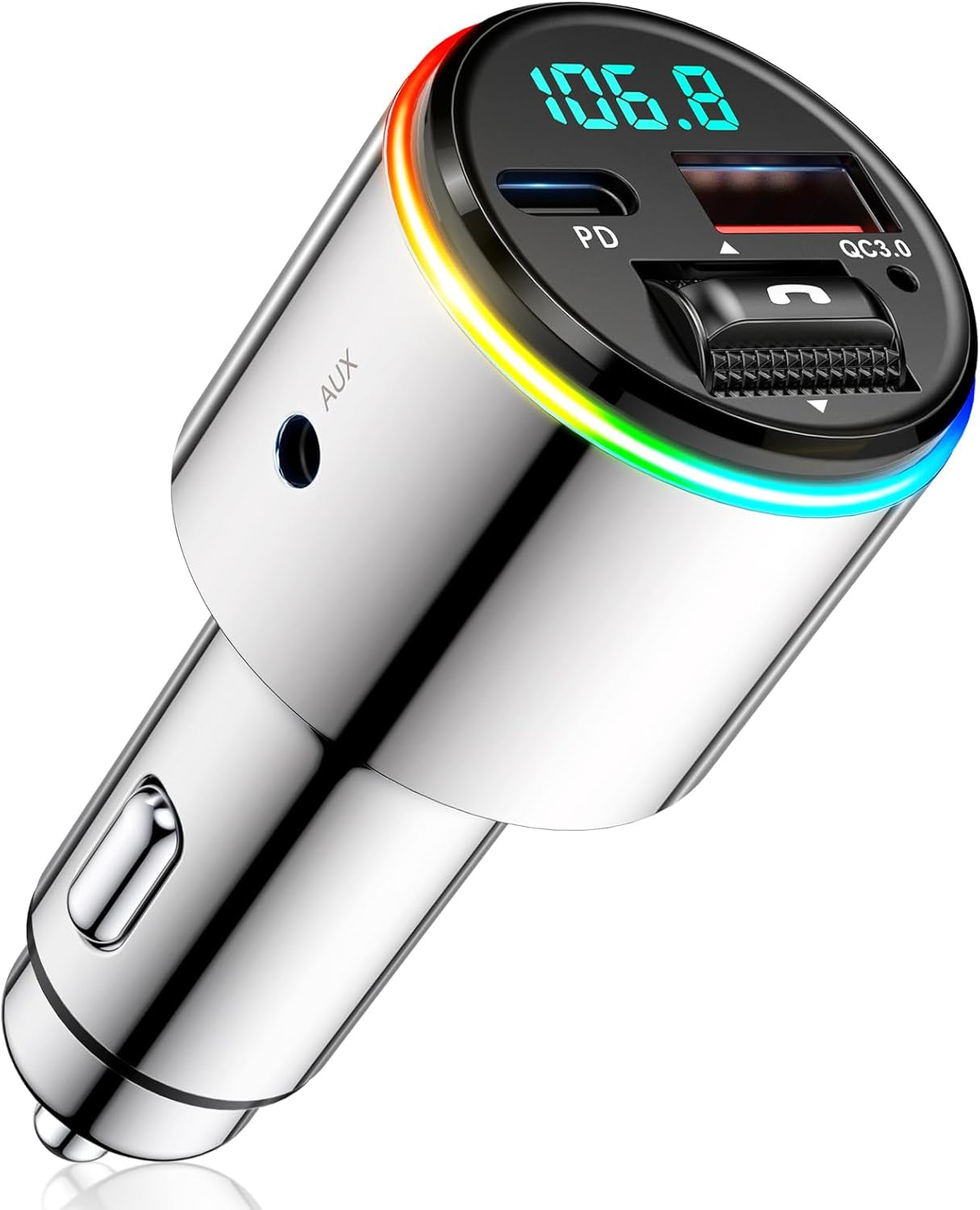 Bluetooth 5.3 FM Transmitter for Car, 【All-Metal】 Dual-Purpose Bluetooth Car Adapter with Aux Port, 【QC3.0 18W & PD 30W】 Car Radio Receiver for Hands-Free Call, Dual 7-Color Backlit