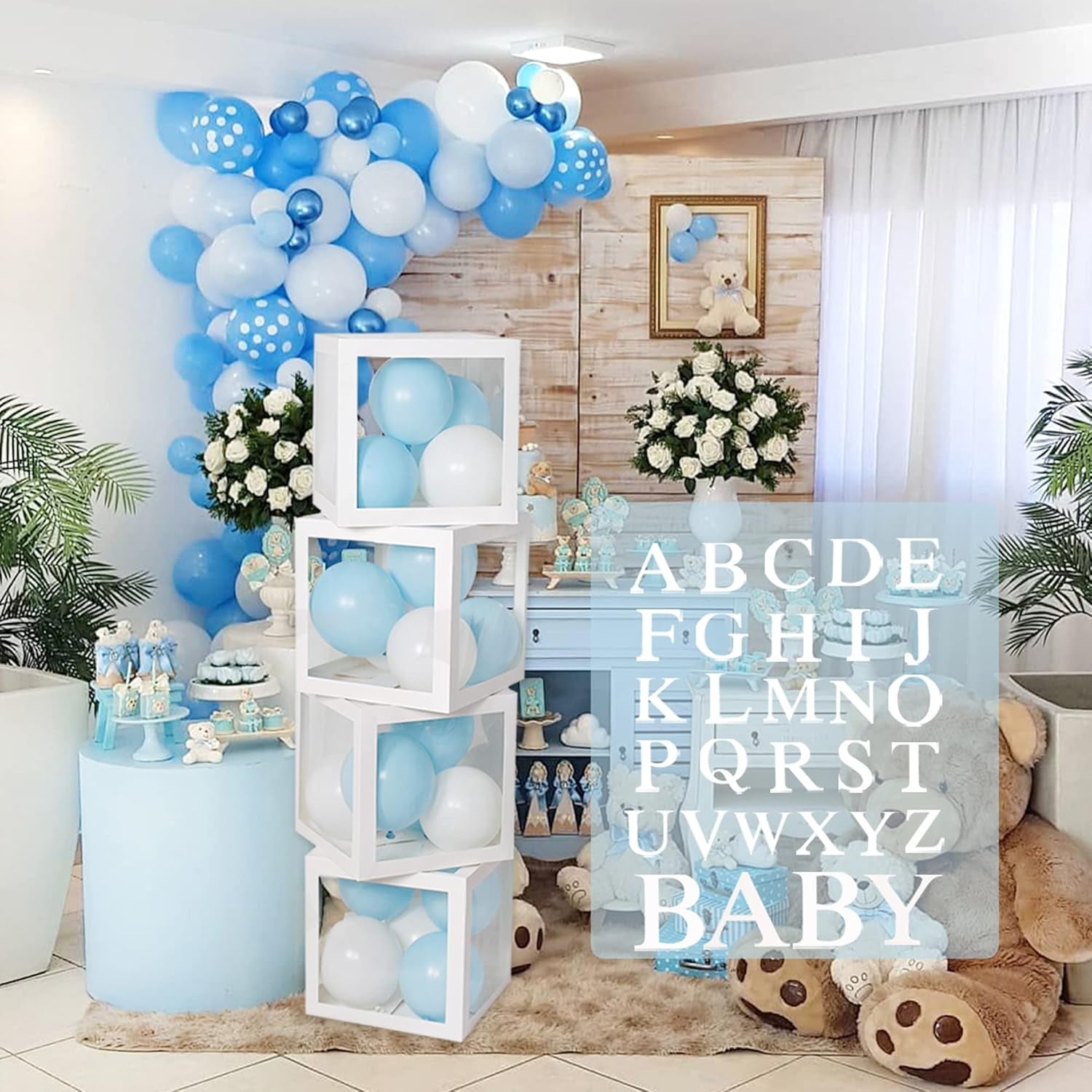Baby Shower Decoration Balloon Boxes – 4Pcs DIY White Transparent Boxes with 30 Letters BABY + A-Z for Boys Girls Baby Shower,Diy Name Combination,Gender Reveal Backdrop Birthday Party Supplies