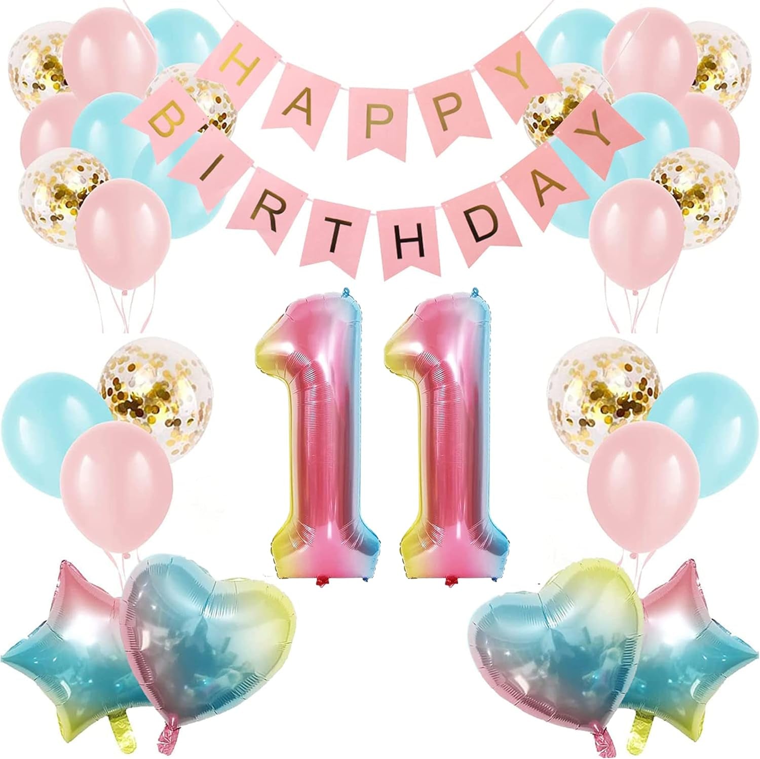 Baby Girl 11Th Birthday Decor Gradient Color Age 11 Balloons with Happy Banner for Showers Eleventh Party Supplies Girls Boys (11St-Birthday), Medium (BL-248)