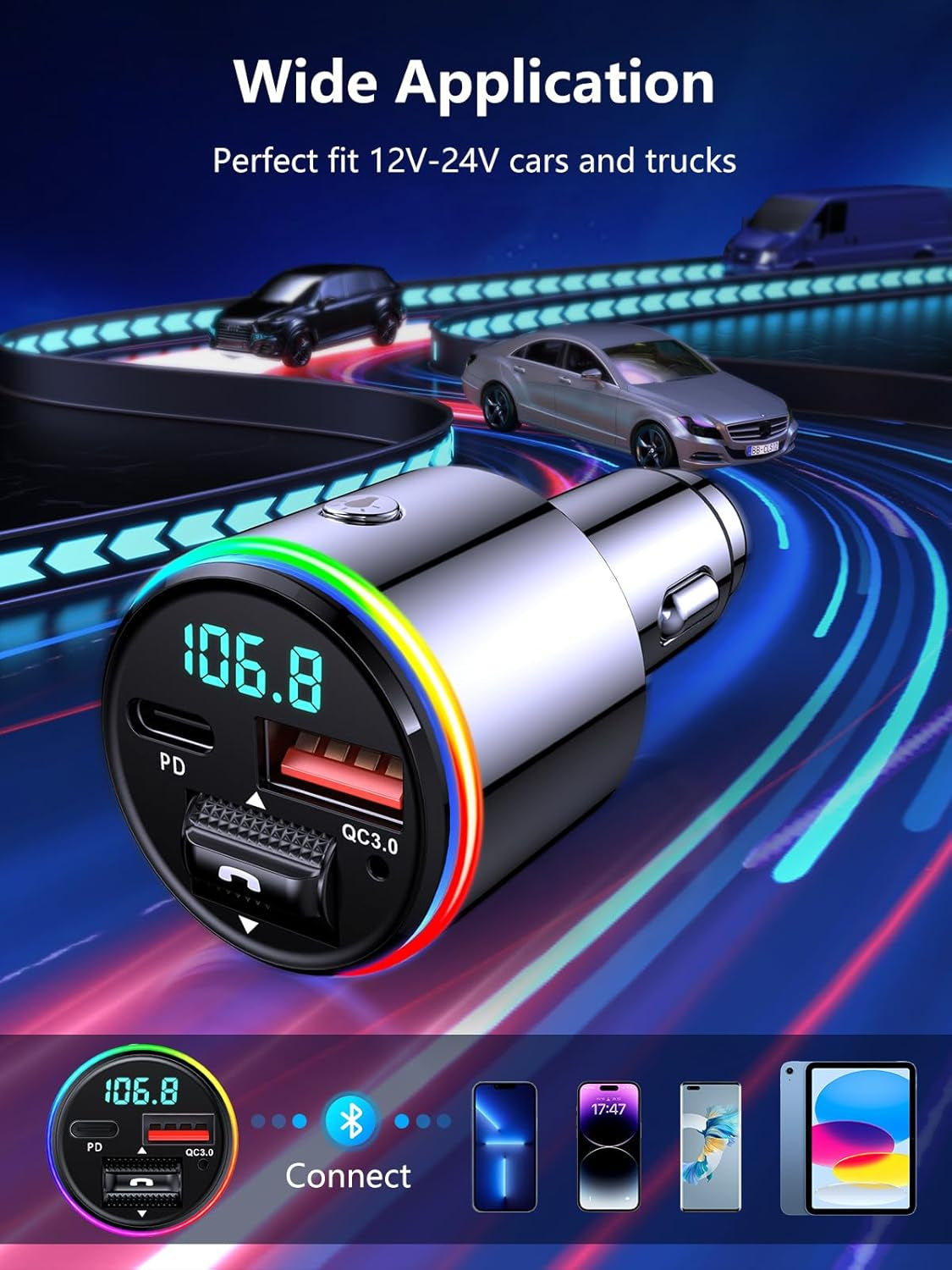 Bluetooth 5.3 FM Transmitter for Car, 【All-Metal】 Dual-Purpose Bluetooth Car Adapter with Aux Port, 【QC3.0 18W & PD 30W】 Car Radio Receiver for Hands-Free Call, Dual 7-Color Backlit