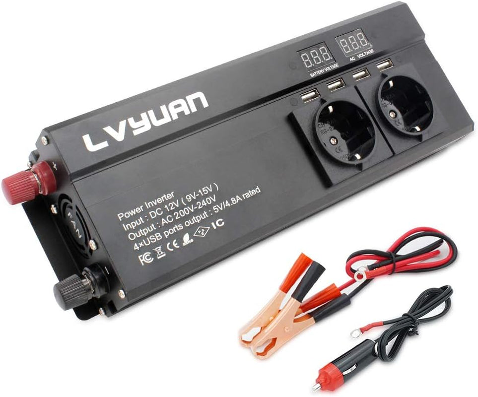 Cantonape Power Inverter 1000W/2000W Peak DC 12V to AC 230V 240V Converter with 4 USB Interfaces 2EU+1 Universal Socket