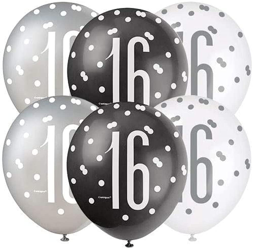 Deluxe 16Th Birthday Glitz Latex Balloons - Elegant Black, Silver & White Combo - Elegant Party Decor for Age 16 Celebrations - 6 Pcs
